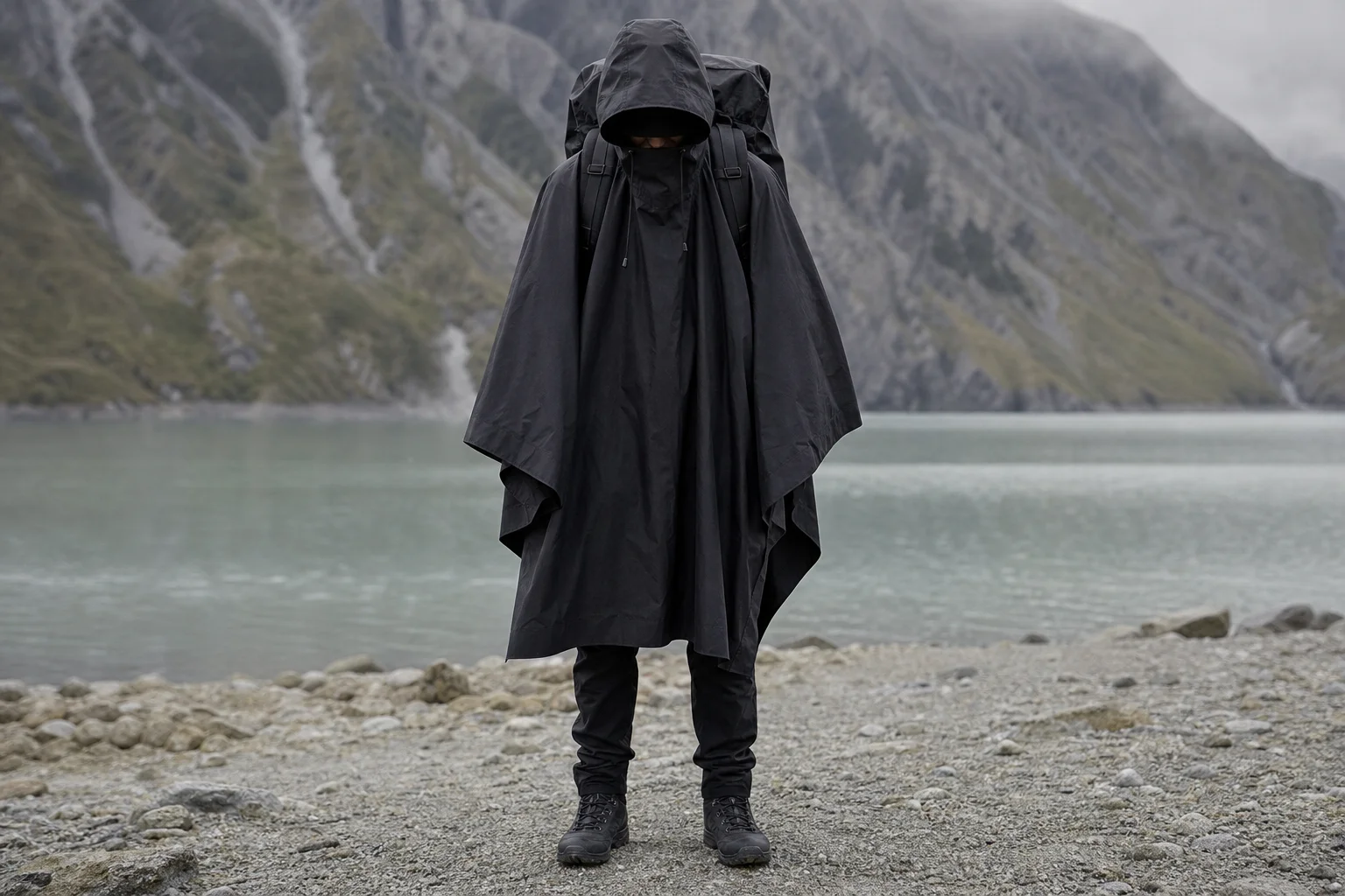 Person wearing a black poncho-style rain jacket with a large backpack