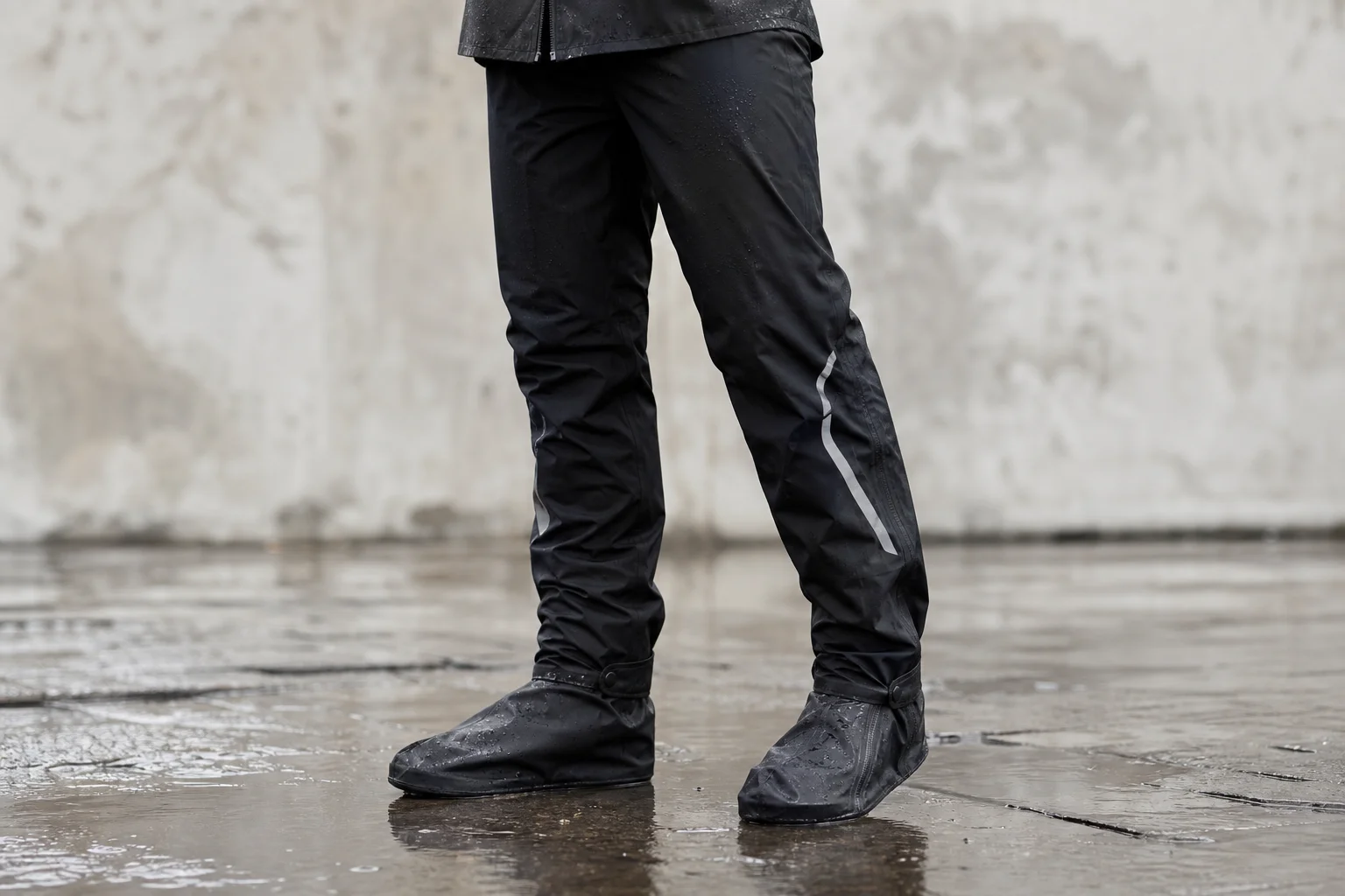 Person wearing black rain pants with reflective strips and shoe covers in wet conditions