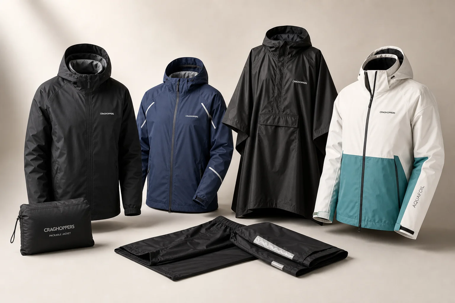 Five Decathlon rain jackets and pants displayed on neutral backdrop