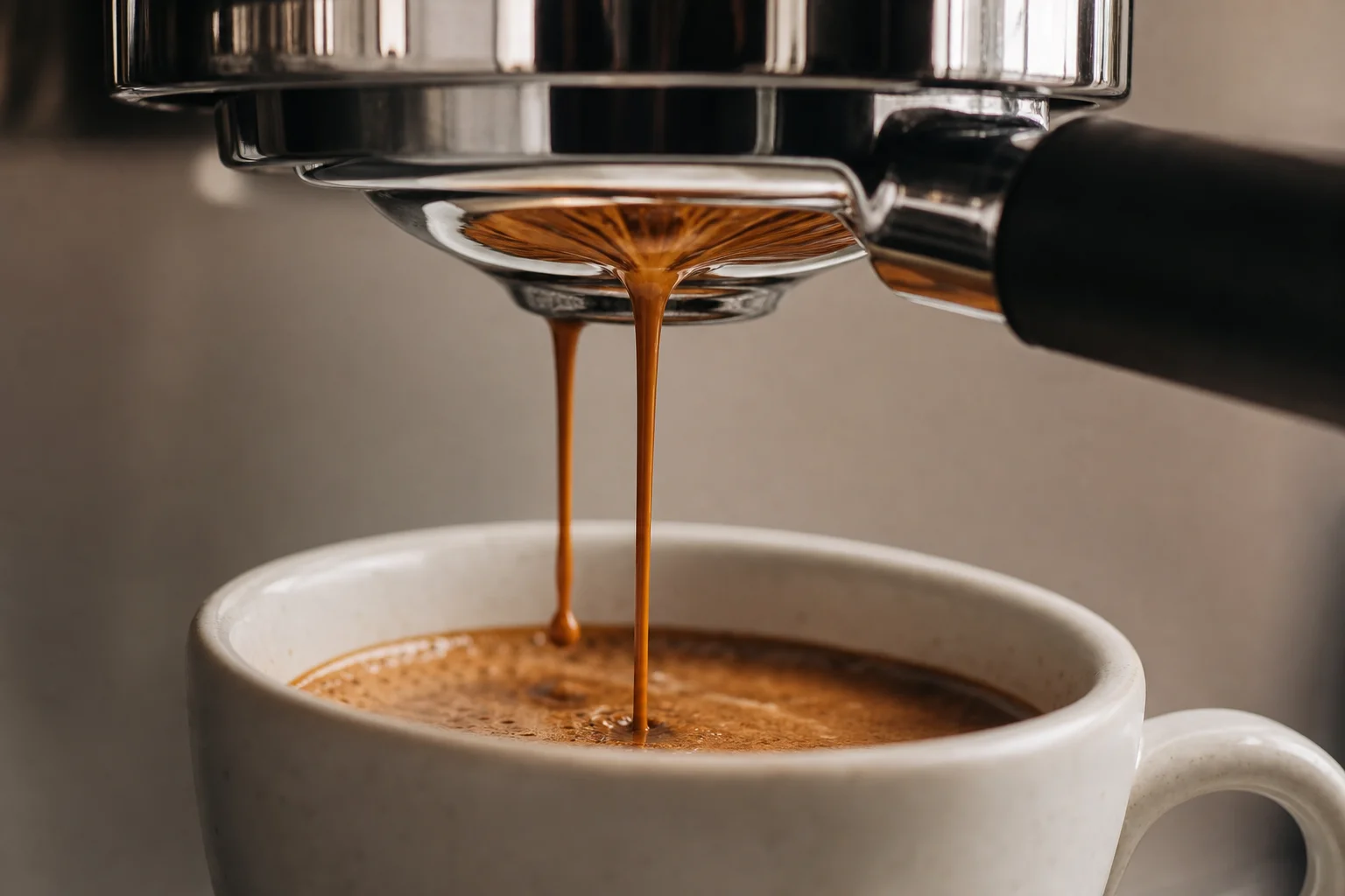 Close-up of espresso extraction showing rich dark liquid flowing into a white cup