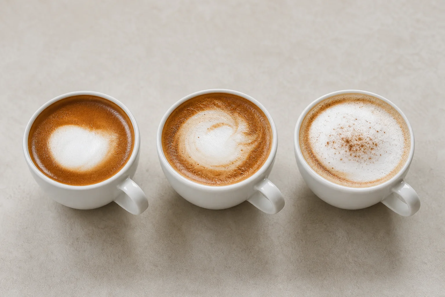Three espresso cups with finished cappuccinos showing different crema and milk texture