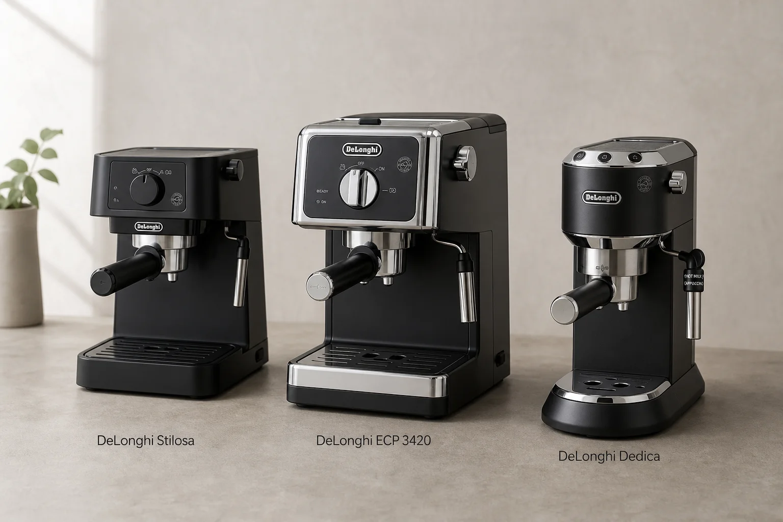 Three DeLonghi espresso machines lined up on concrete surface
