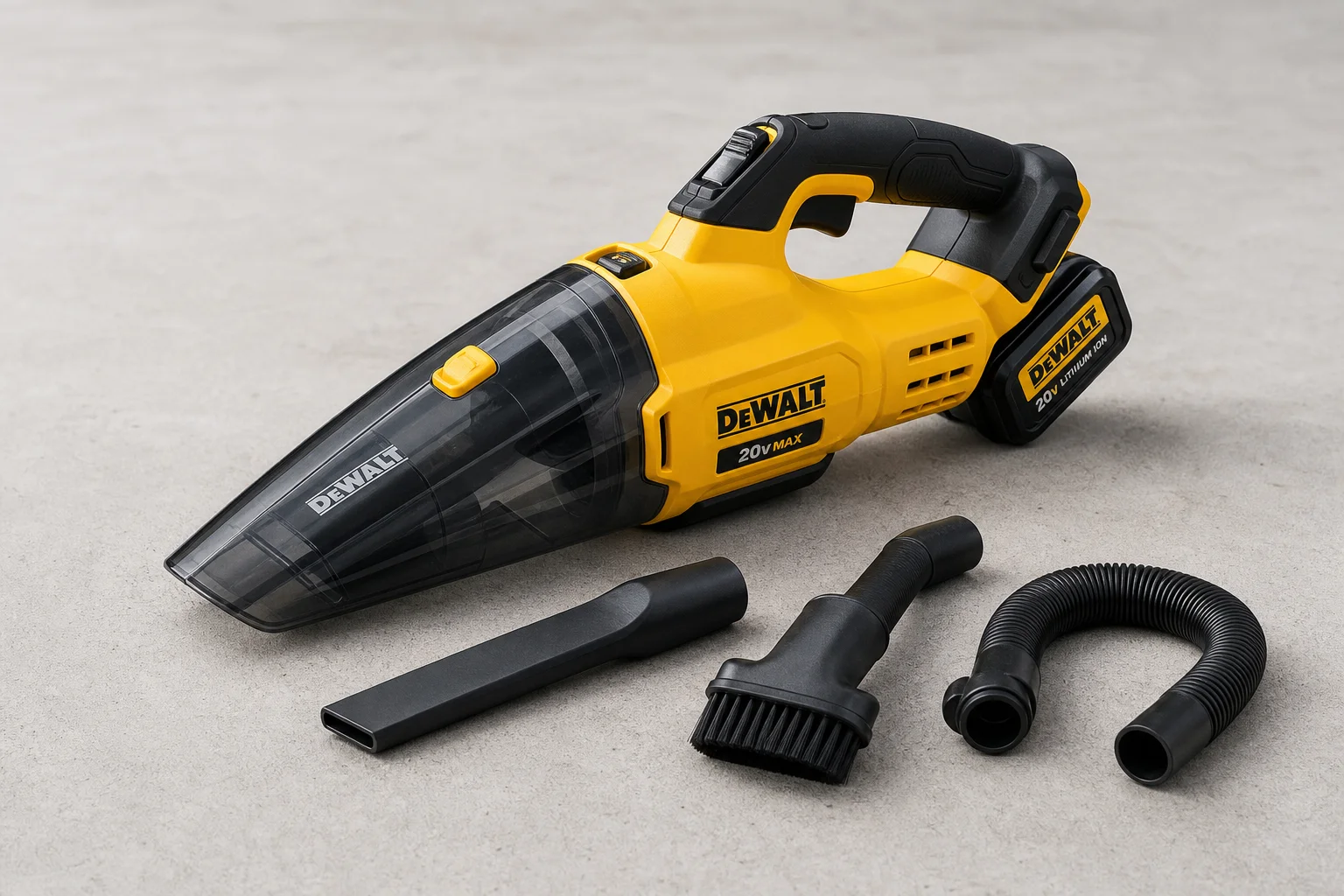 Eight wet/dry vacuums of varying sizes arranged on concrete surface