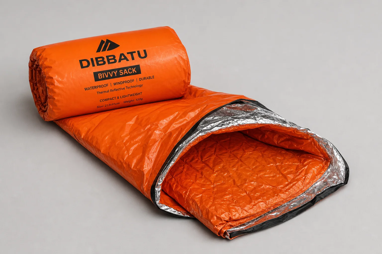 Five survival bivvy sacks in various colors arranged on concrete surface