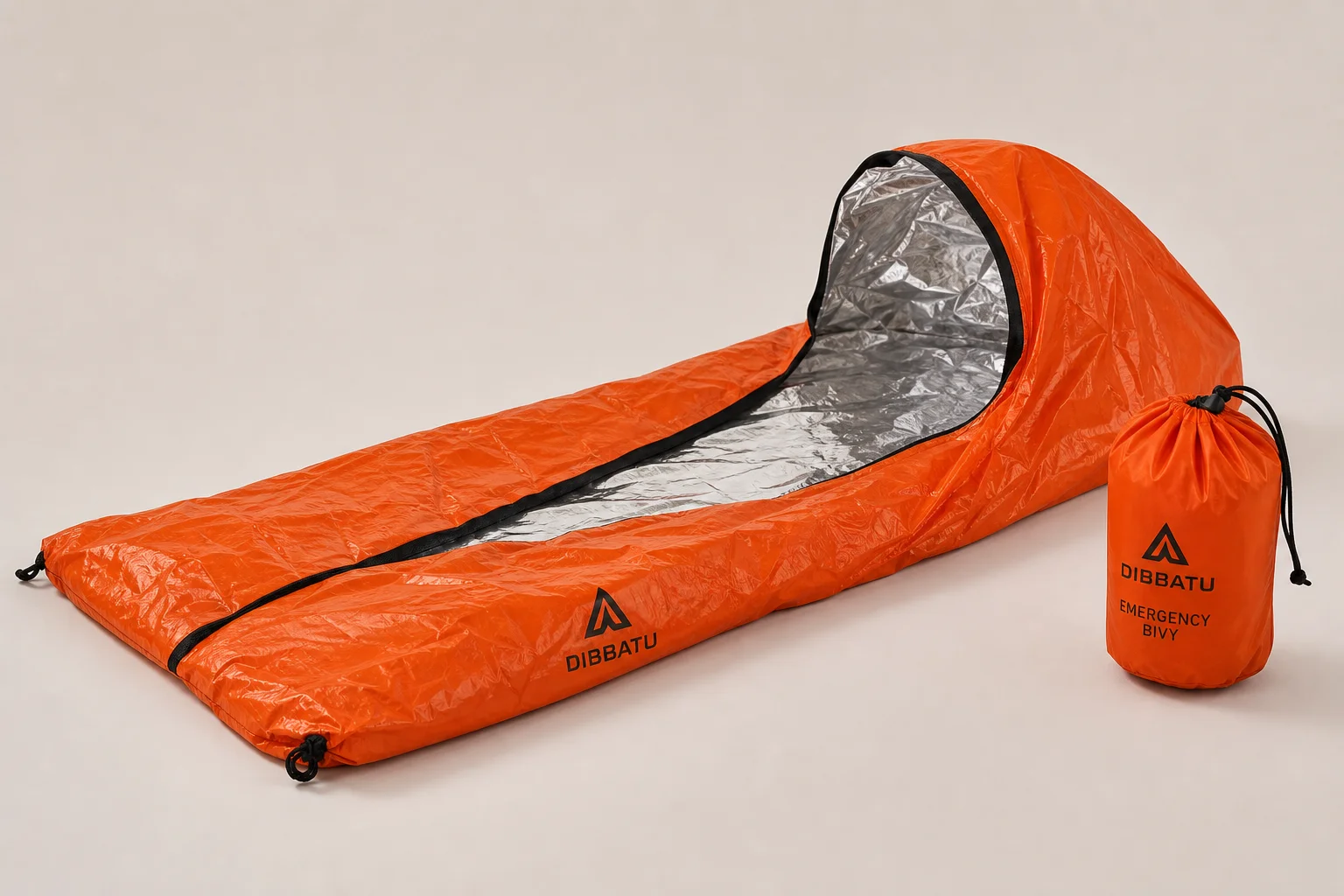 Five emergency sleeping bivys in different colors arranged on concrete surface