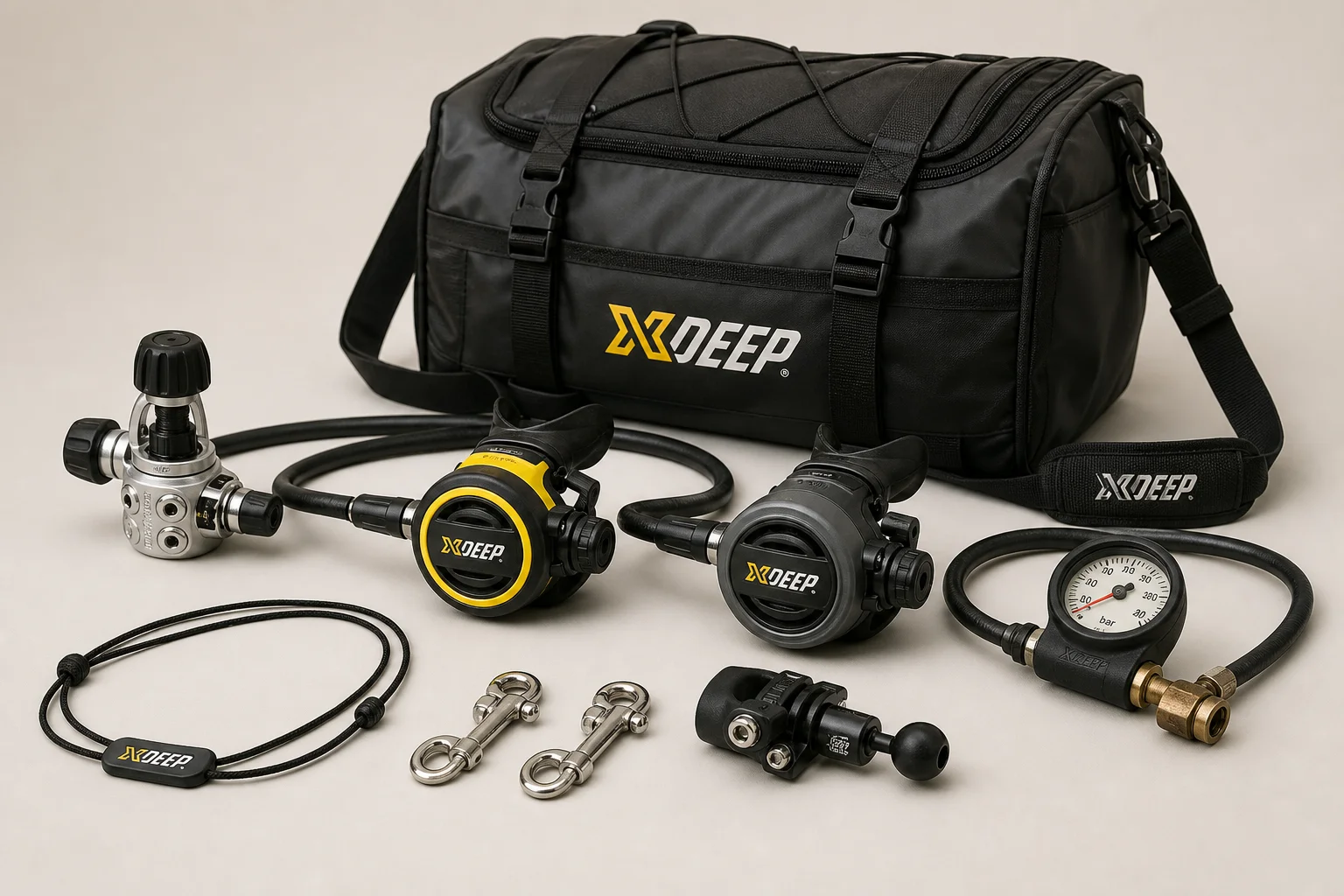 完整的 Dive Rite XT Advanced Open Water 調節器套裝，展示所有隨附配件