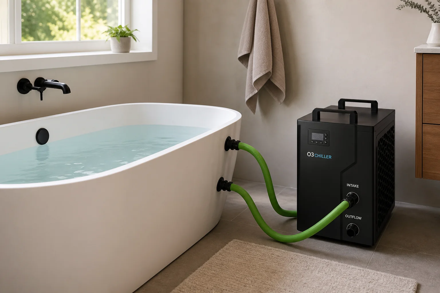 Bathtub filled with water connected to black chiller unit with green hoses