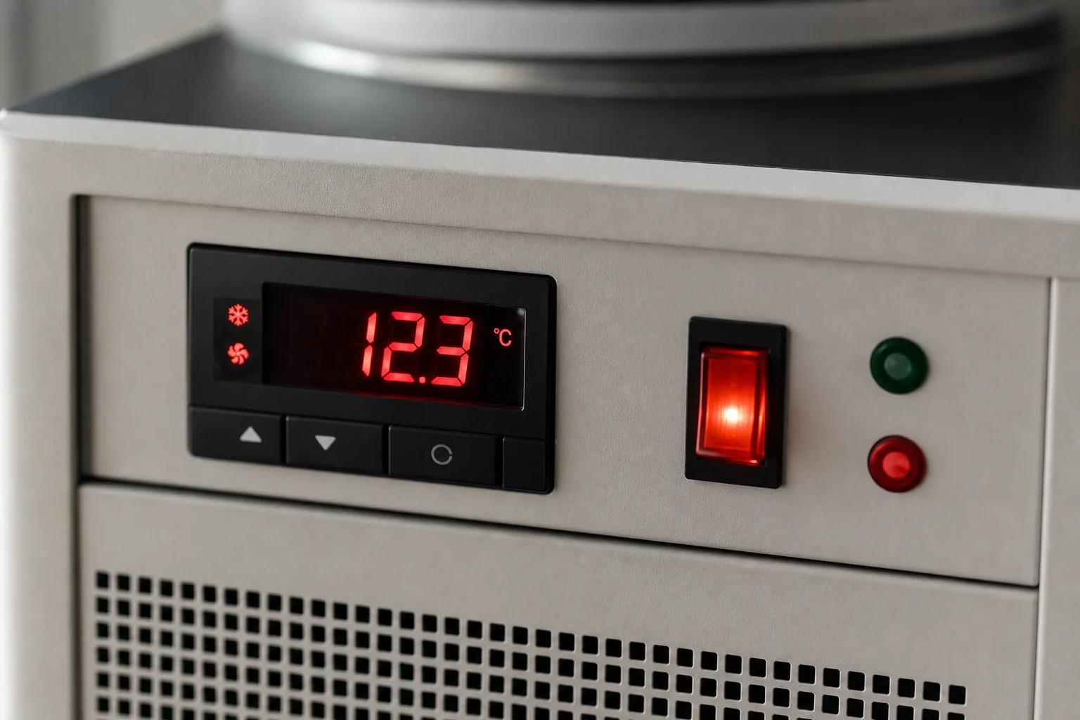 Digital display on chiller showing temperature reading in degrees