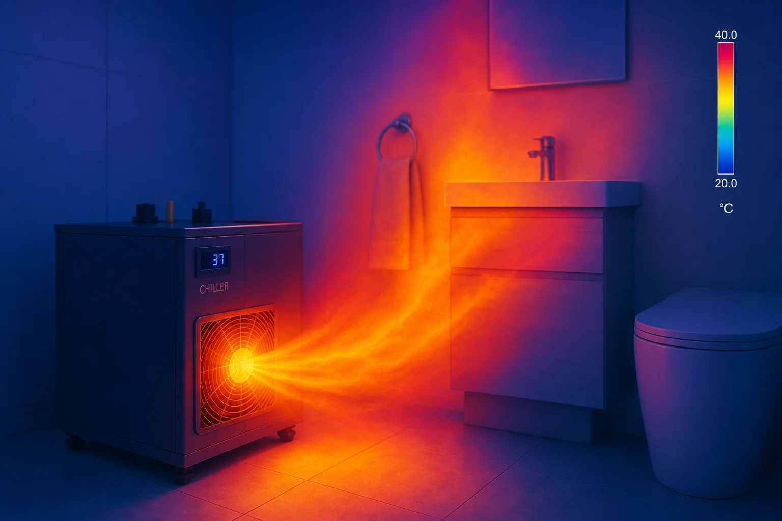 Thermal imaging showing hot air venting from chiller condenser fan