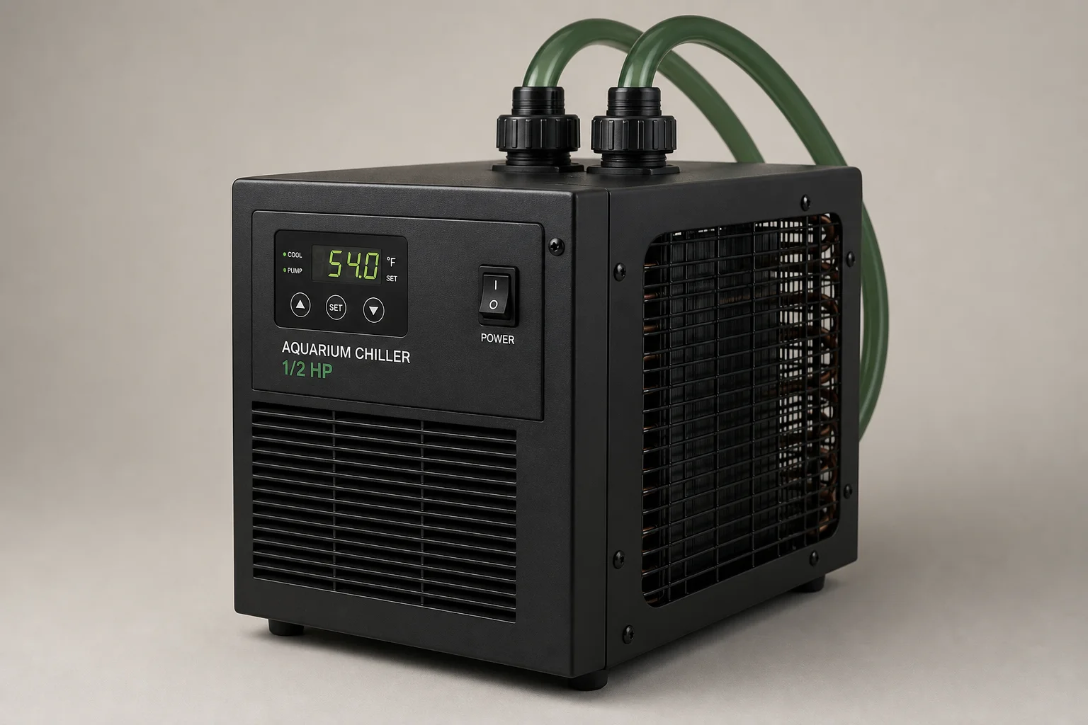 Half-horsepower aquarium chiller with black casing and green hoses on neutral background
