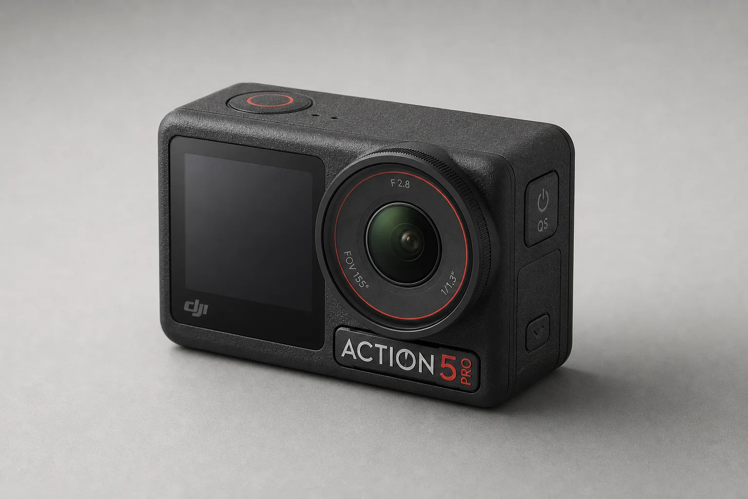 Five action cameras arranged on snow with mounting accessories