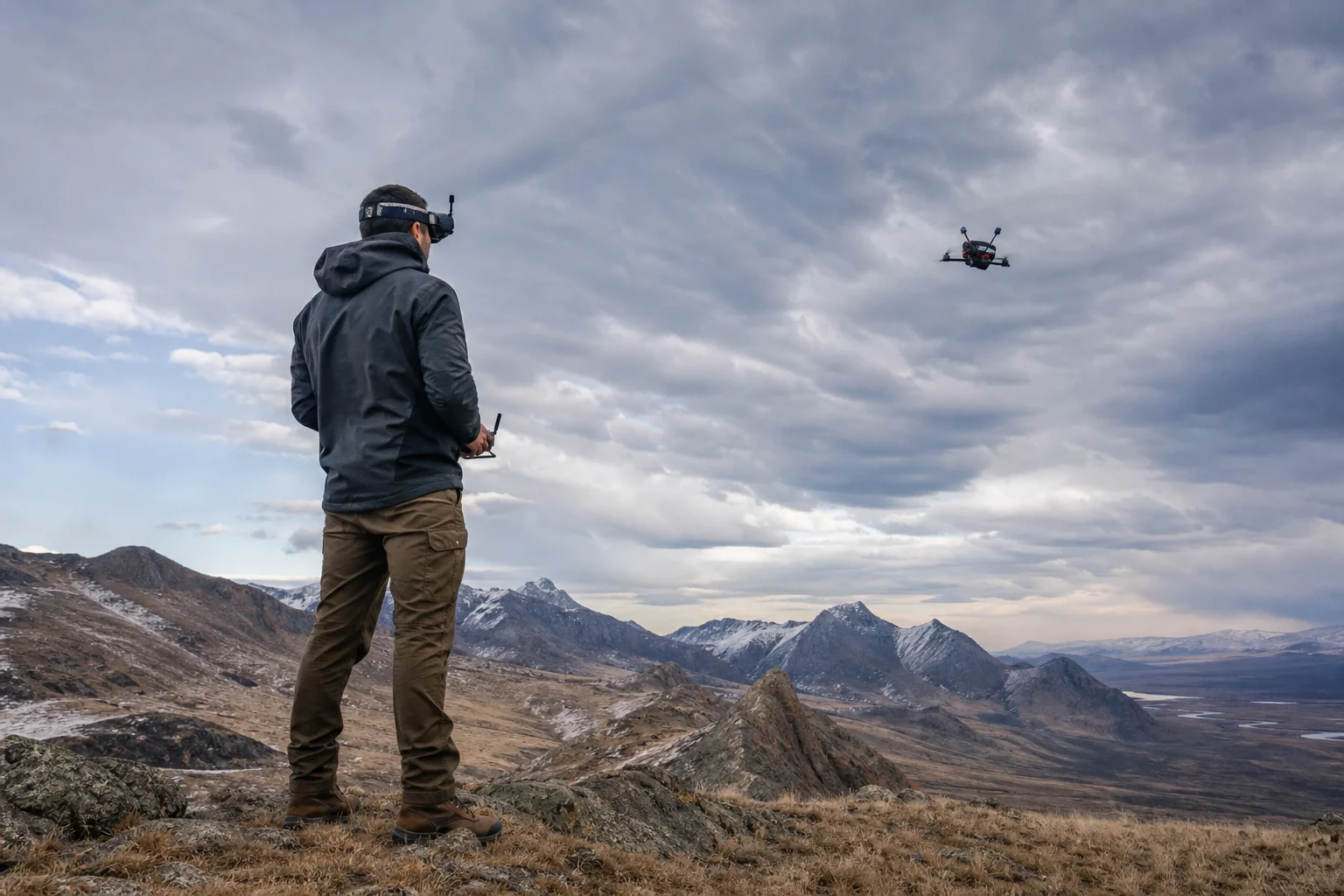 FPV pilot outdoors with drone in flight during real-world conditions
