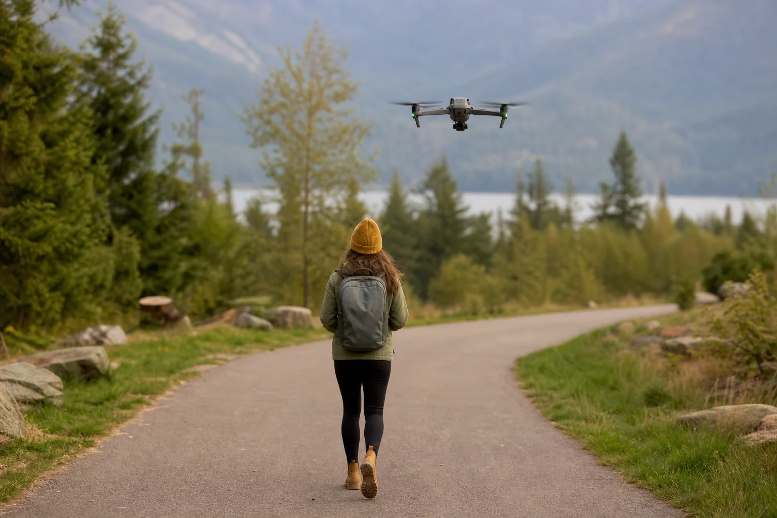 Drone hovering at head height while tracking a person walking outdoors