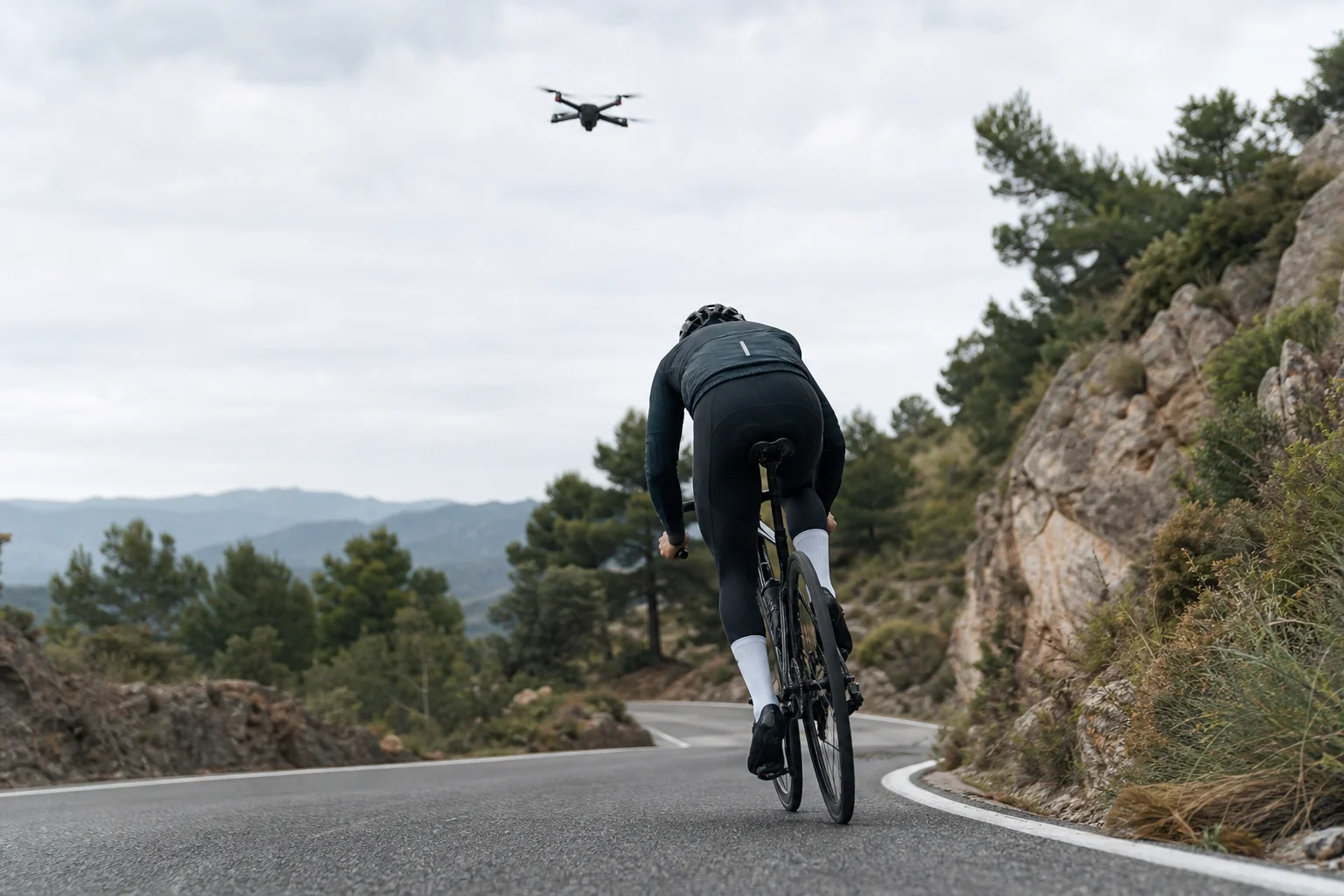 Cyclist riding with drone tracking overhead, capturing dynamic follow footage