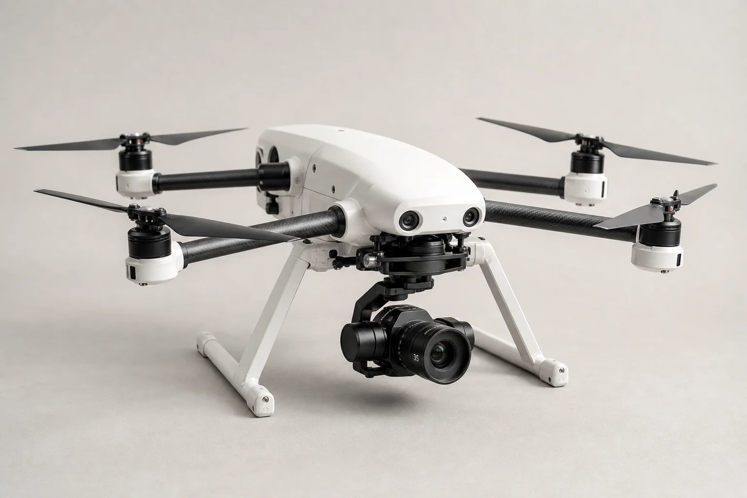 Five drones arranged on concrete surface showing variety from compact to professional models