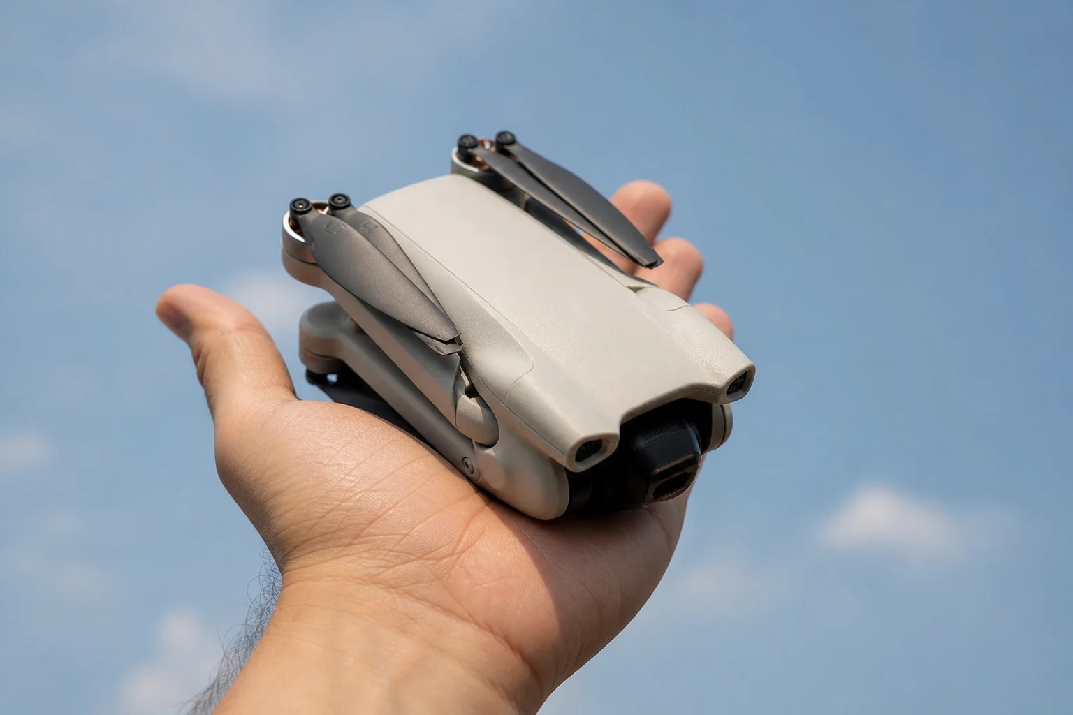 Compact DJI Mini 3 drone held in hand against sky backdrop