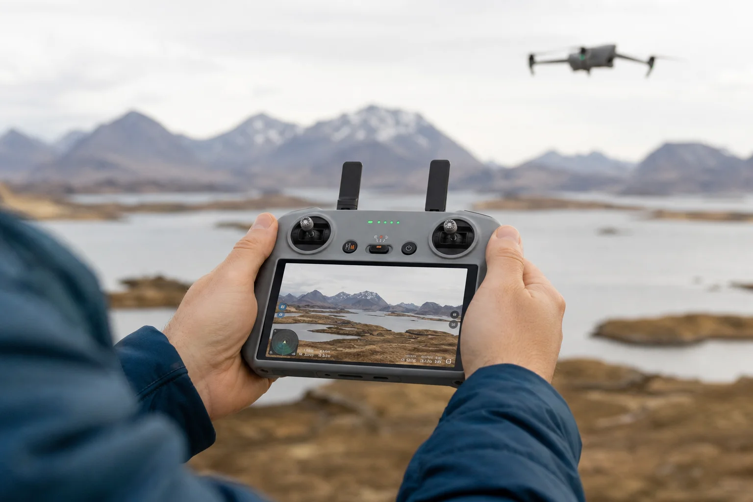 DJI RC controller with screen held in hands during outdoor flight session