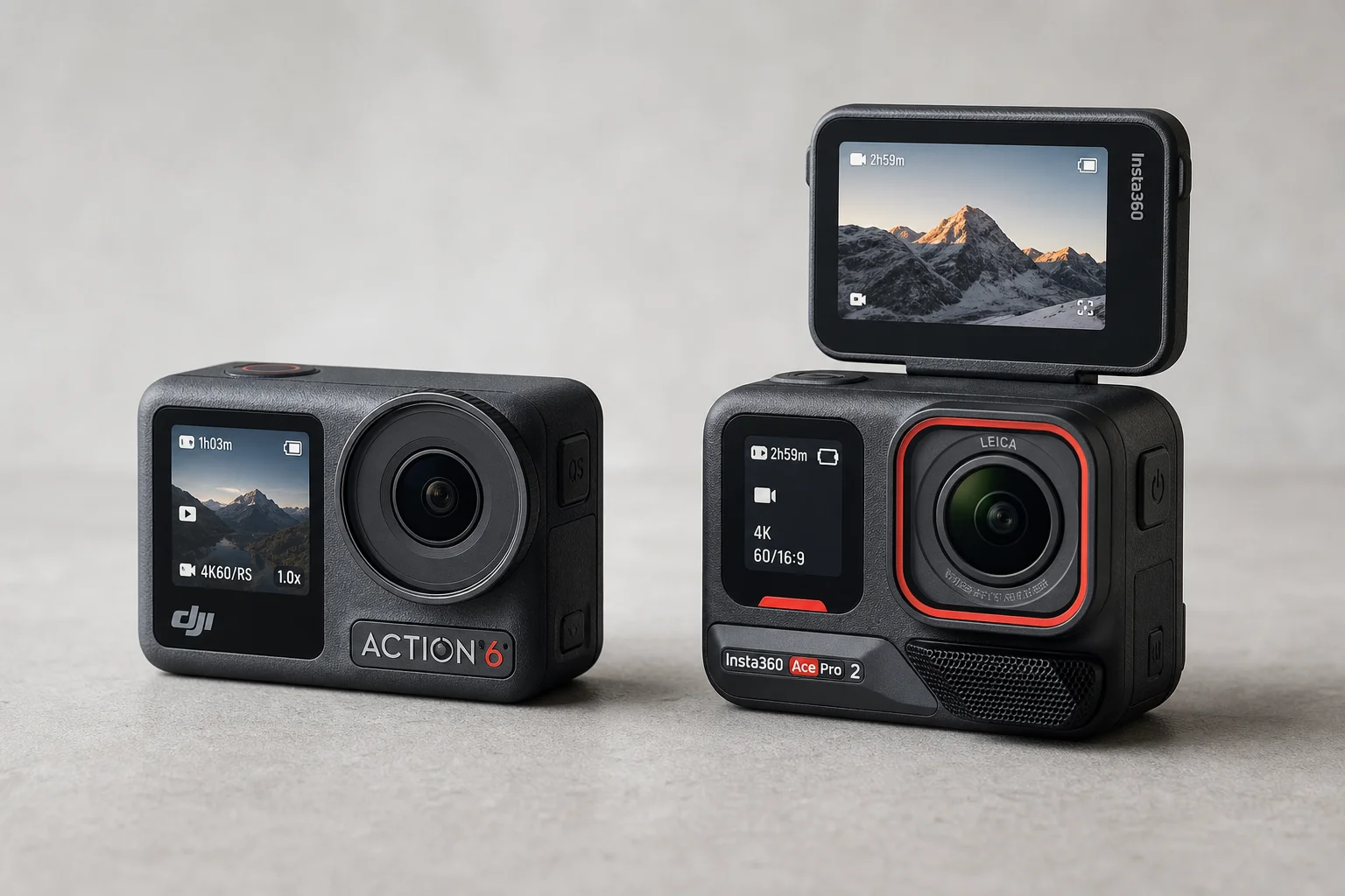 DJI Osmo Action 6 與 Insta360 Ace Pro 2 運動相機並排放在水泥地上