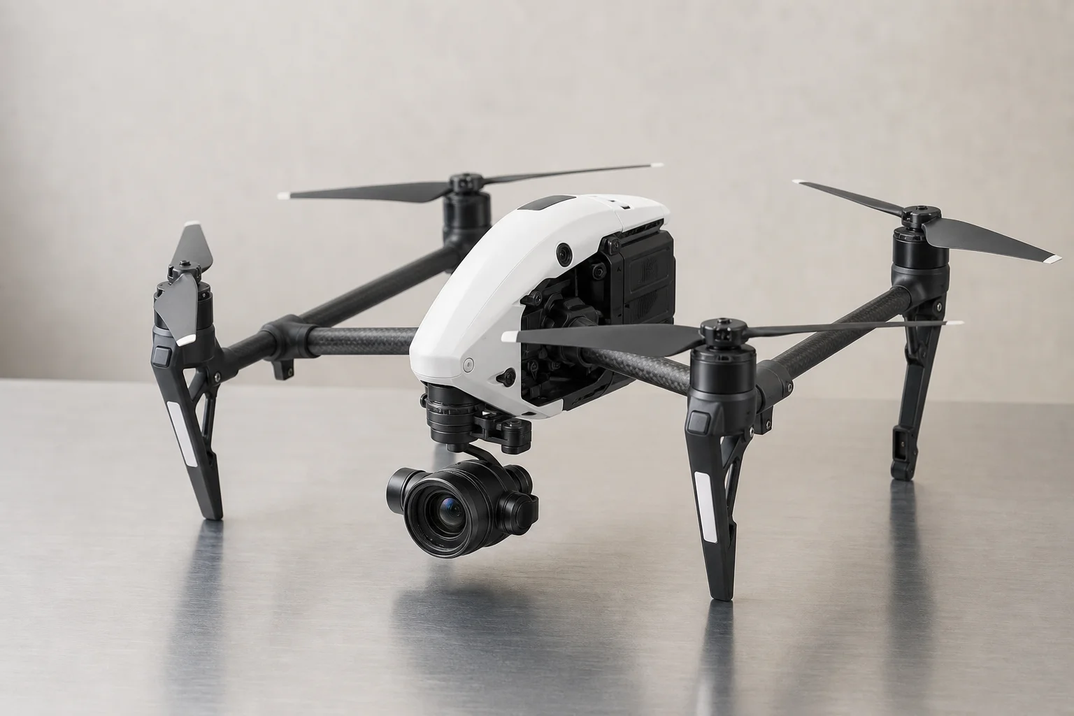 Five drones arranged on concrete surface showing variety from compact to professional models