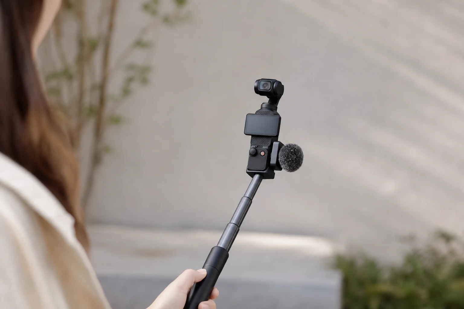 Gimbal camera mounted on extension pole with wireless microphone accessory