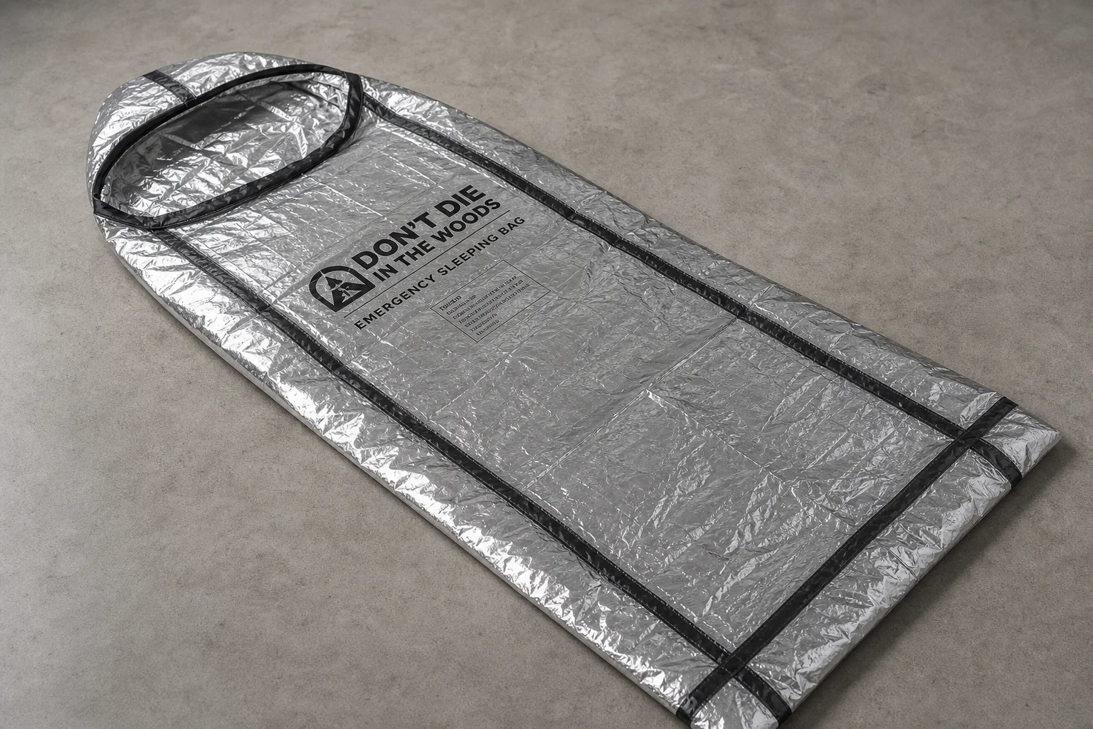 Five survival bivvy sacks in various colors arranged on concrete surface