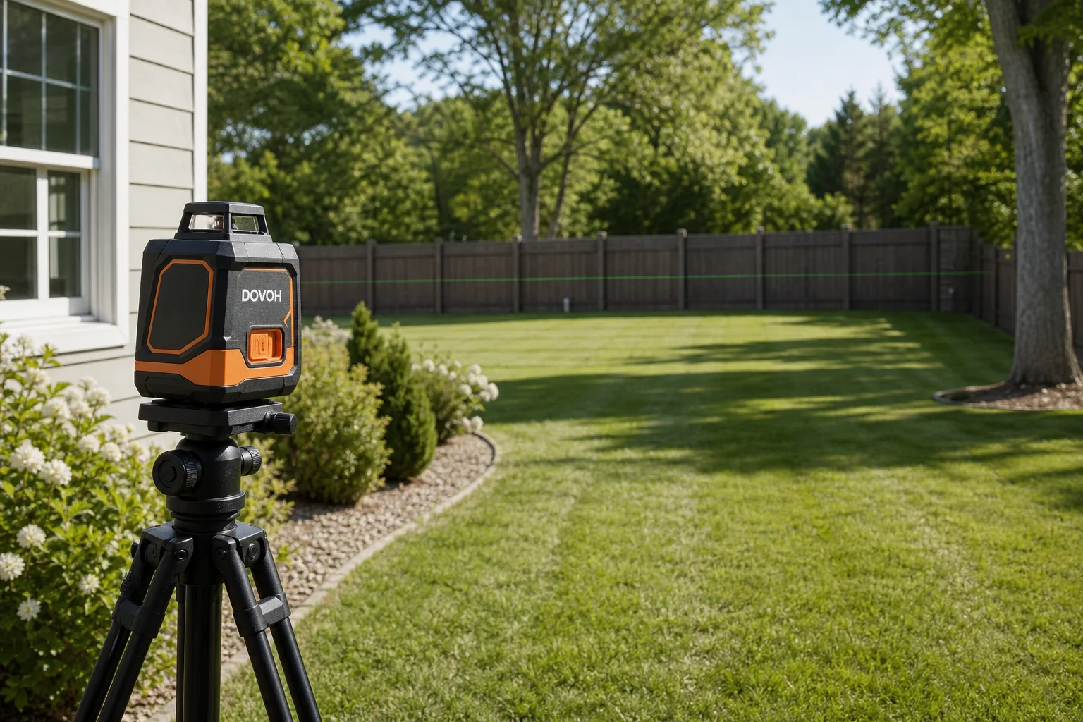 Laser level mounted on tripod in residential yard with fence visible in distance