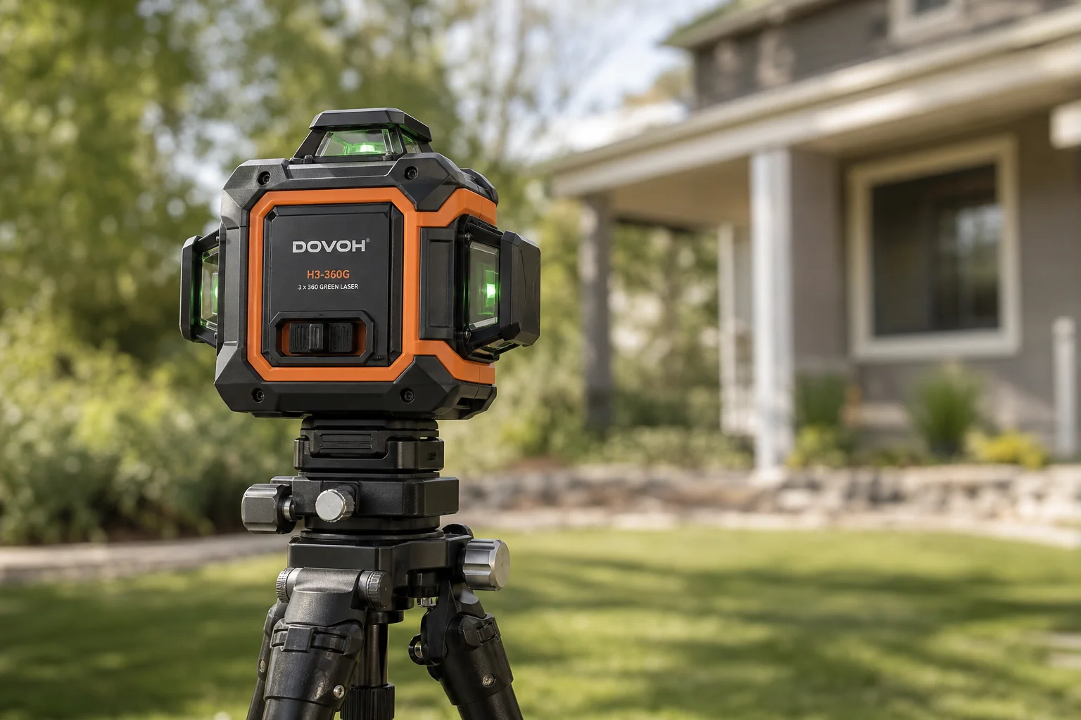 DOVOH outdoor laser level mounted on tripod in residential yard
