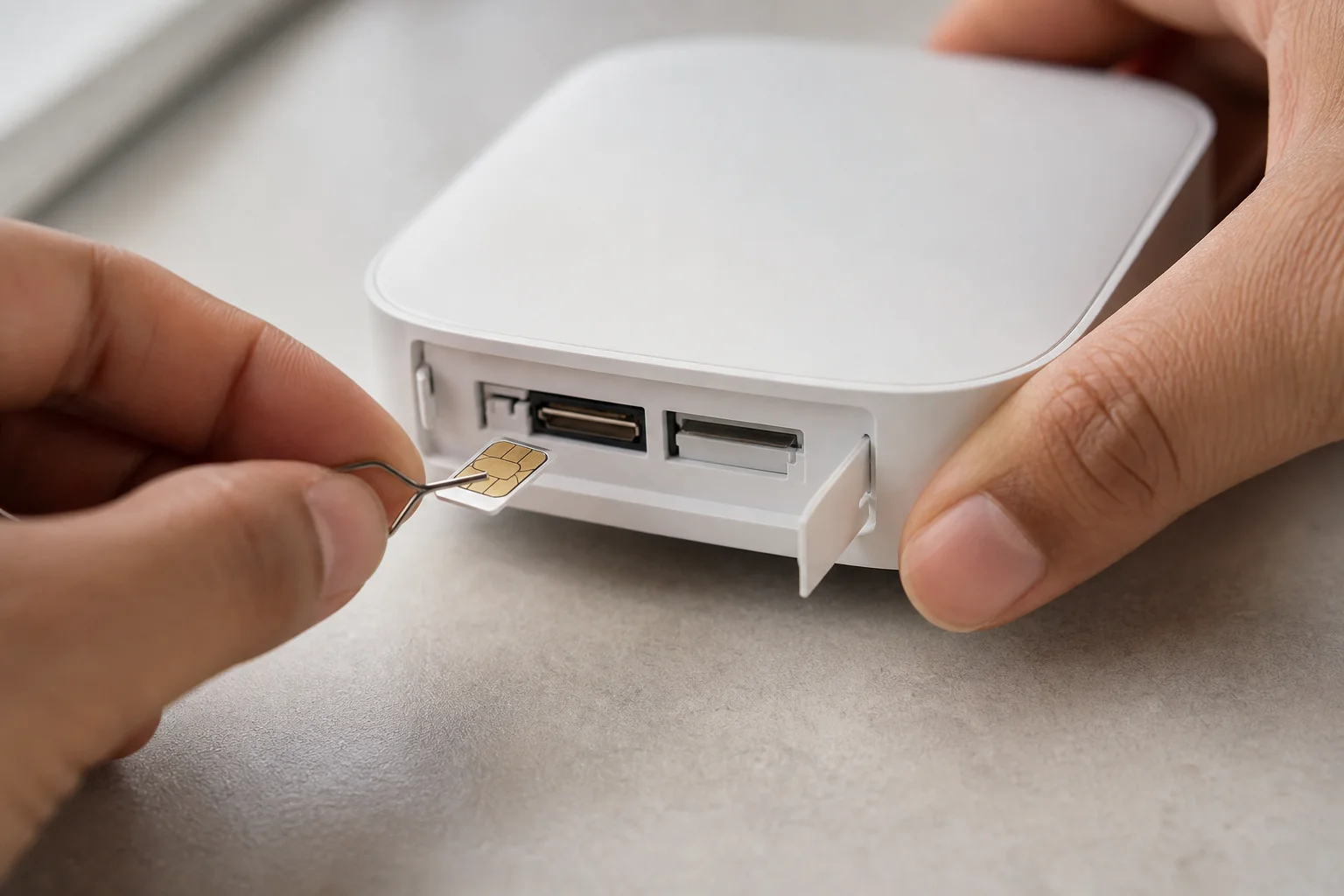 Hands inserting a nano SIM card into a cellular router using a SIM ejector tool