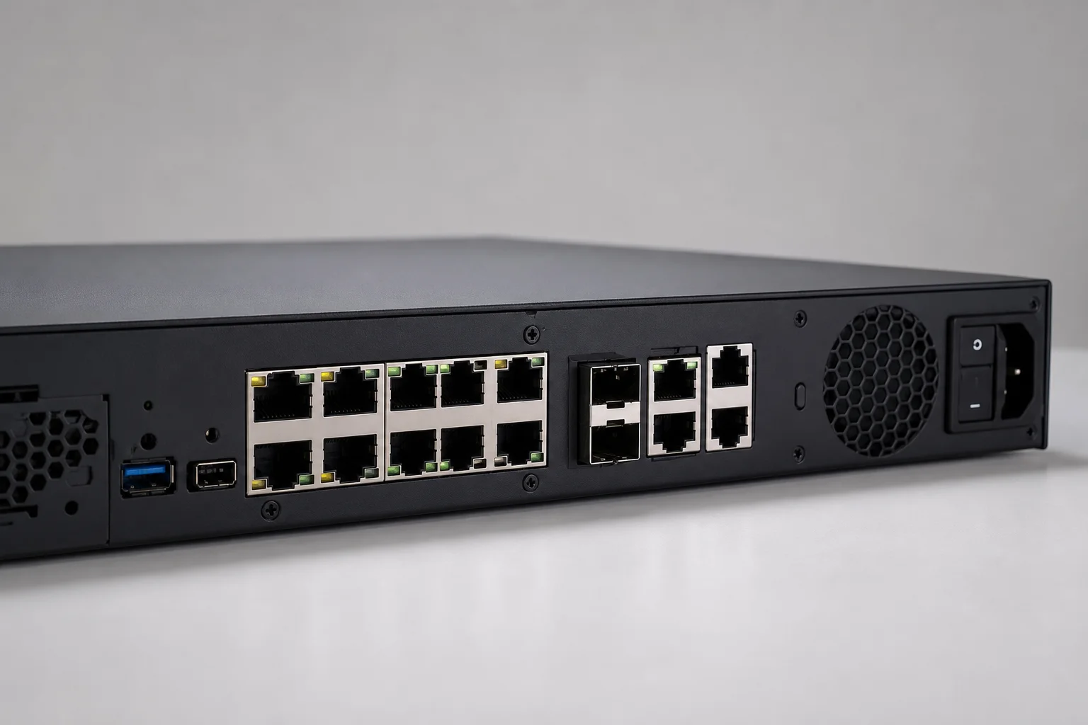 Network cables and ethernet ports on the back of a professional gateway router