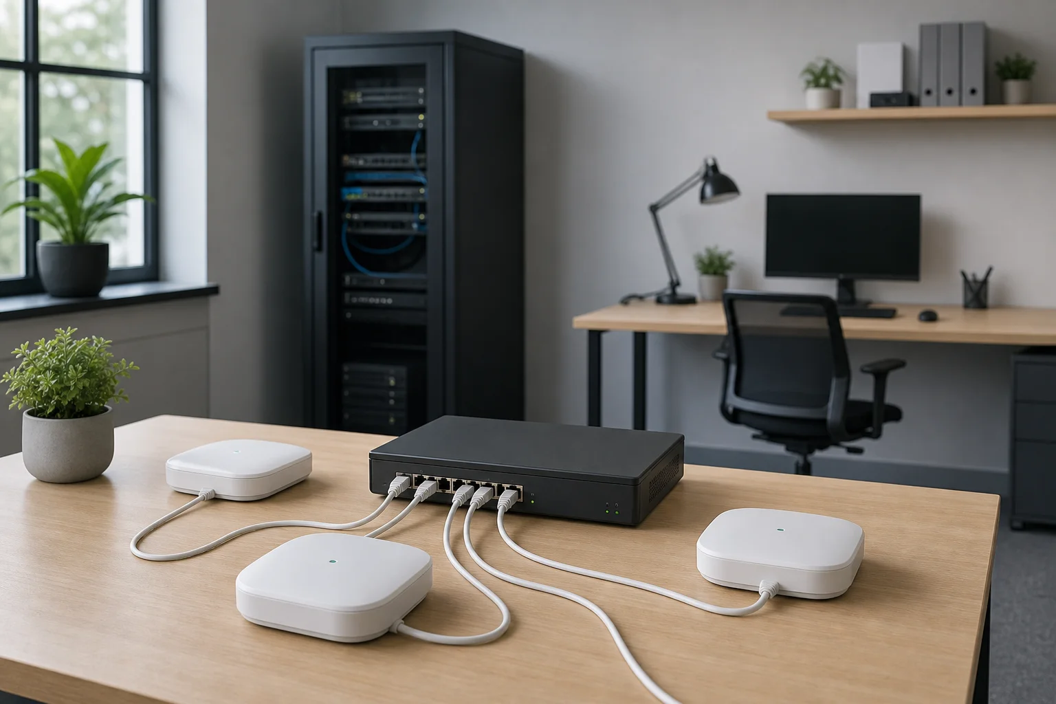 Small business office network setup with multiple access points and wired connections