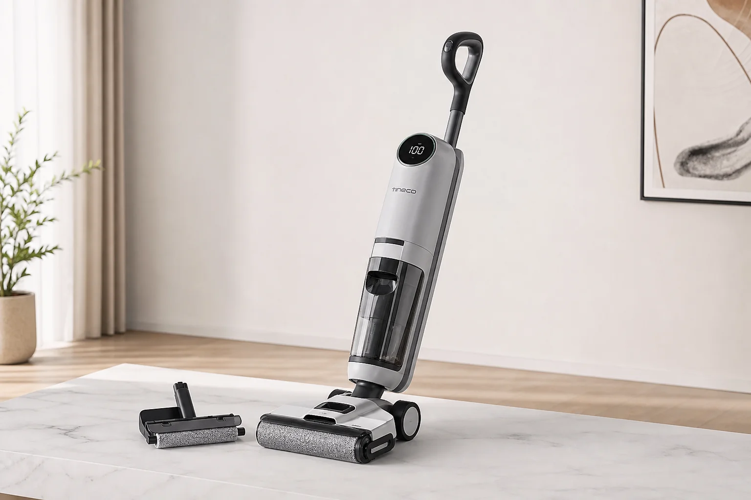 Eight wet/dry vacuums of varying sizes arranged on concrete surface