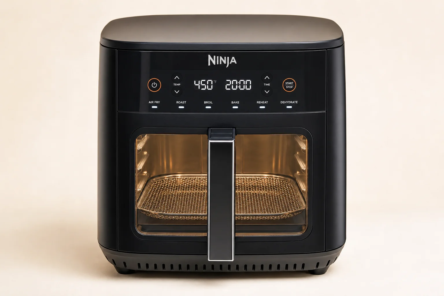 Six air fryer models arranged on concrete surface showing variety of styles and sizes