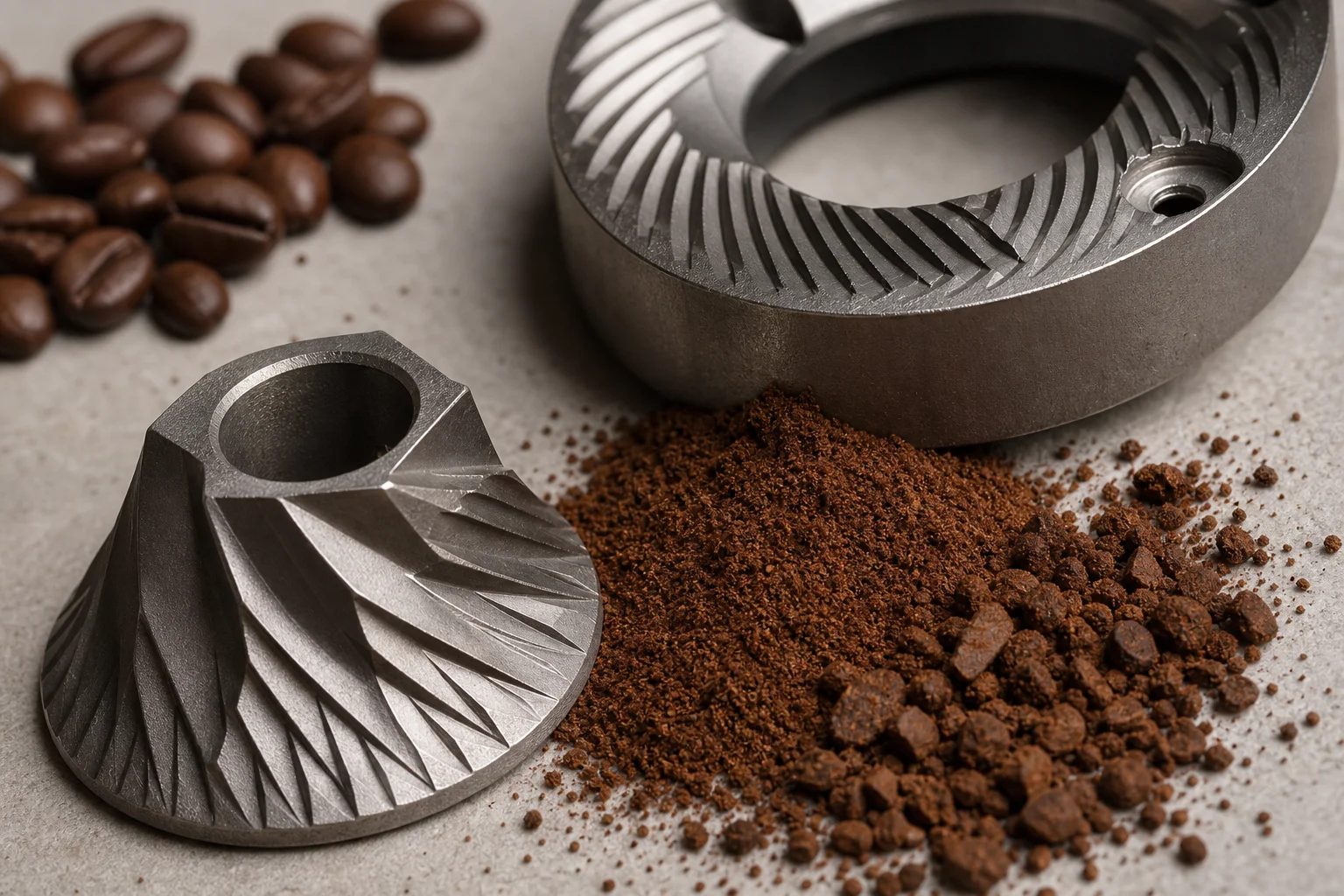 Close-up of false burr grinder showing inconsistent particle sizes from powder to chunks