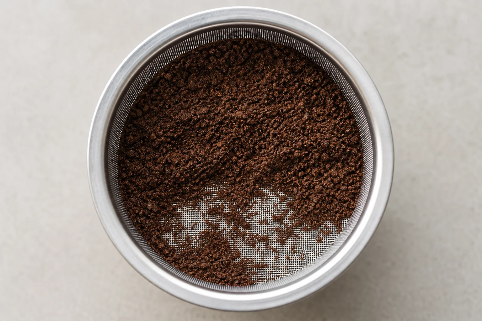 Overhead view of mesh filter basket with unevenly distributed ground coffee and gaps