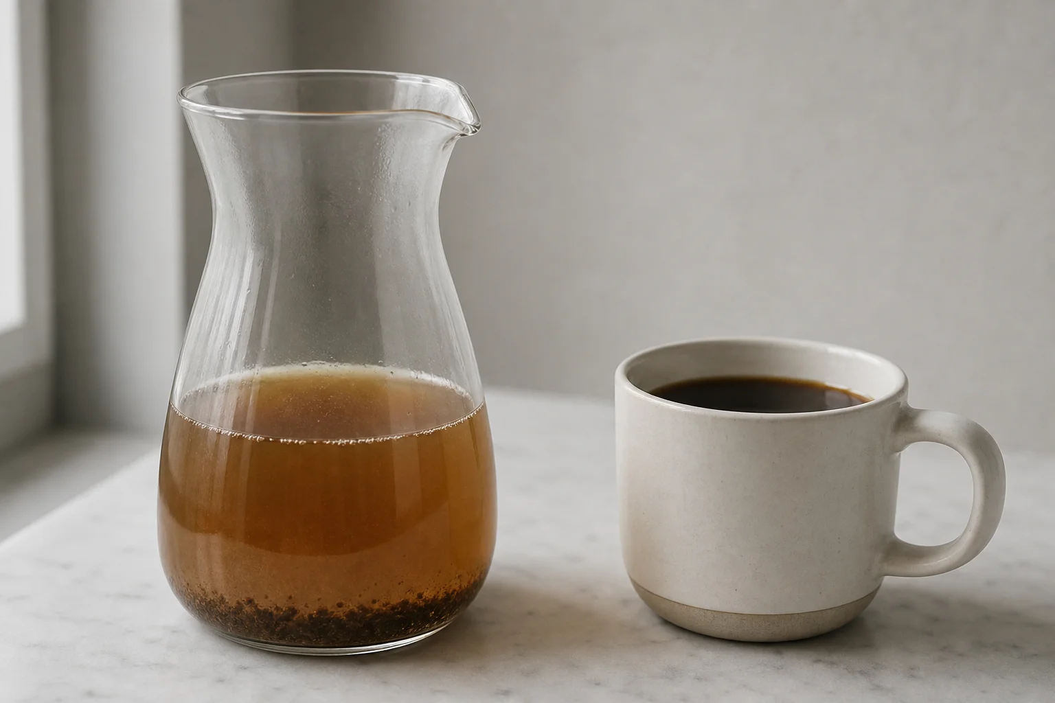 Glass carafe of pale brewed coffee showing weak color and sediment at bottom