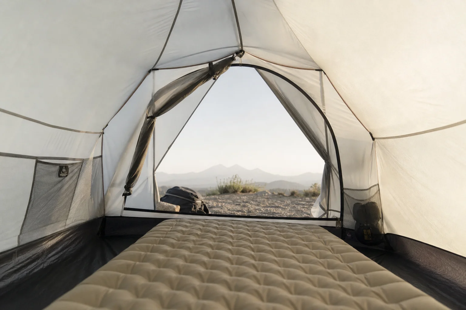 Interior view of tent showing spacious headroom and open vestibule area
