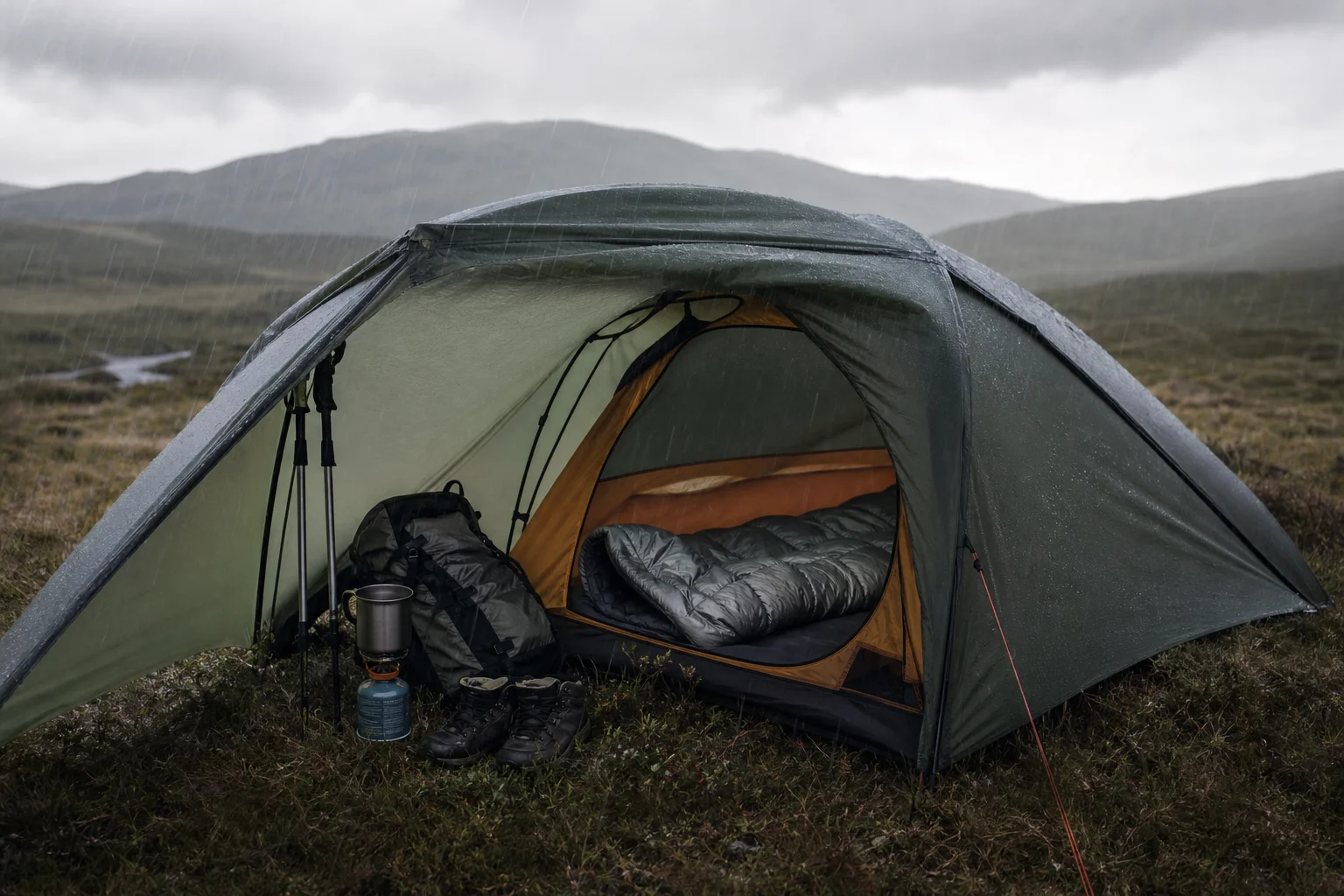 Tent pitched in rain with open vestibule providing shelter from rainfall