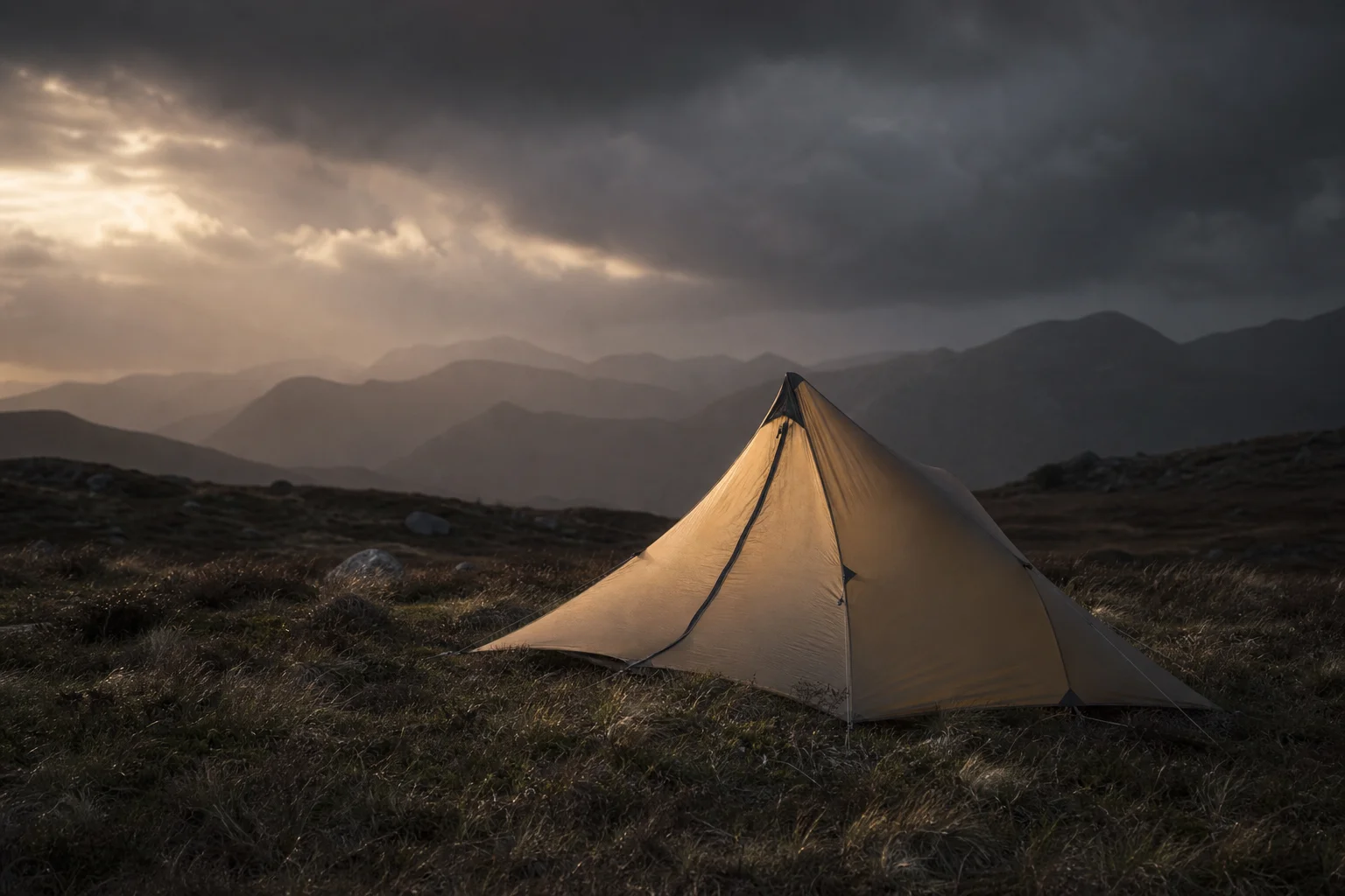 Durston X-Mid 1 tent pitched on moorland during stormy weather with mountains in background