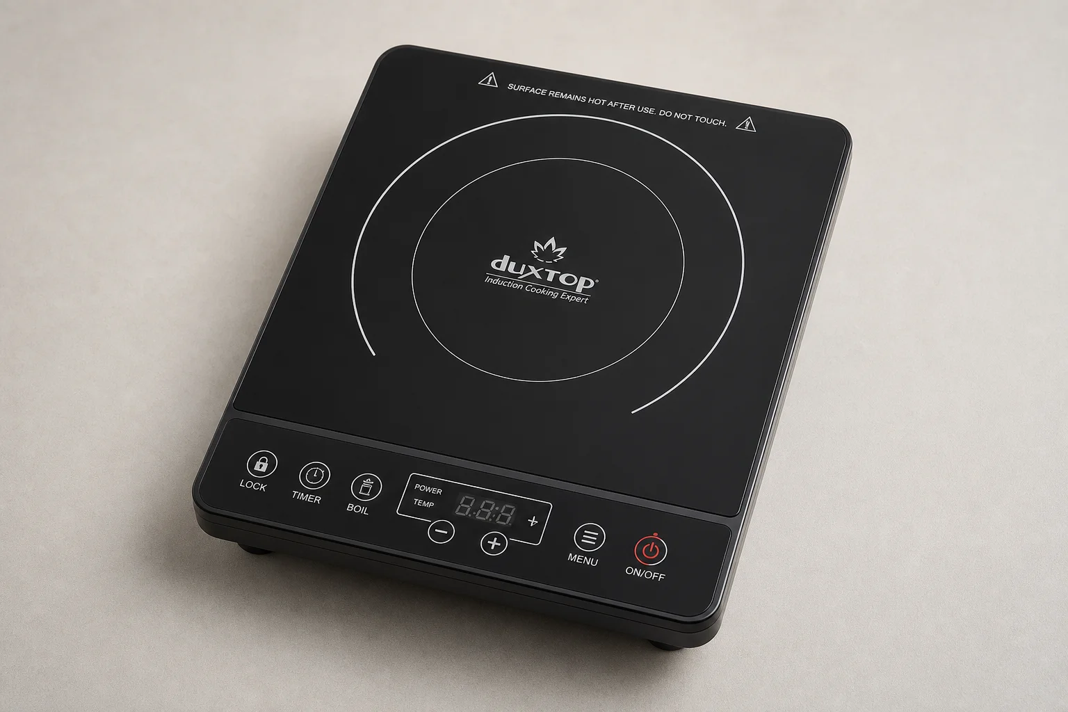 Modern induction cooktop with black glass surface and stainless steel cookware