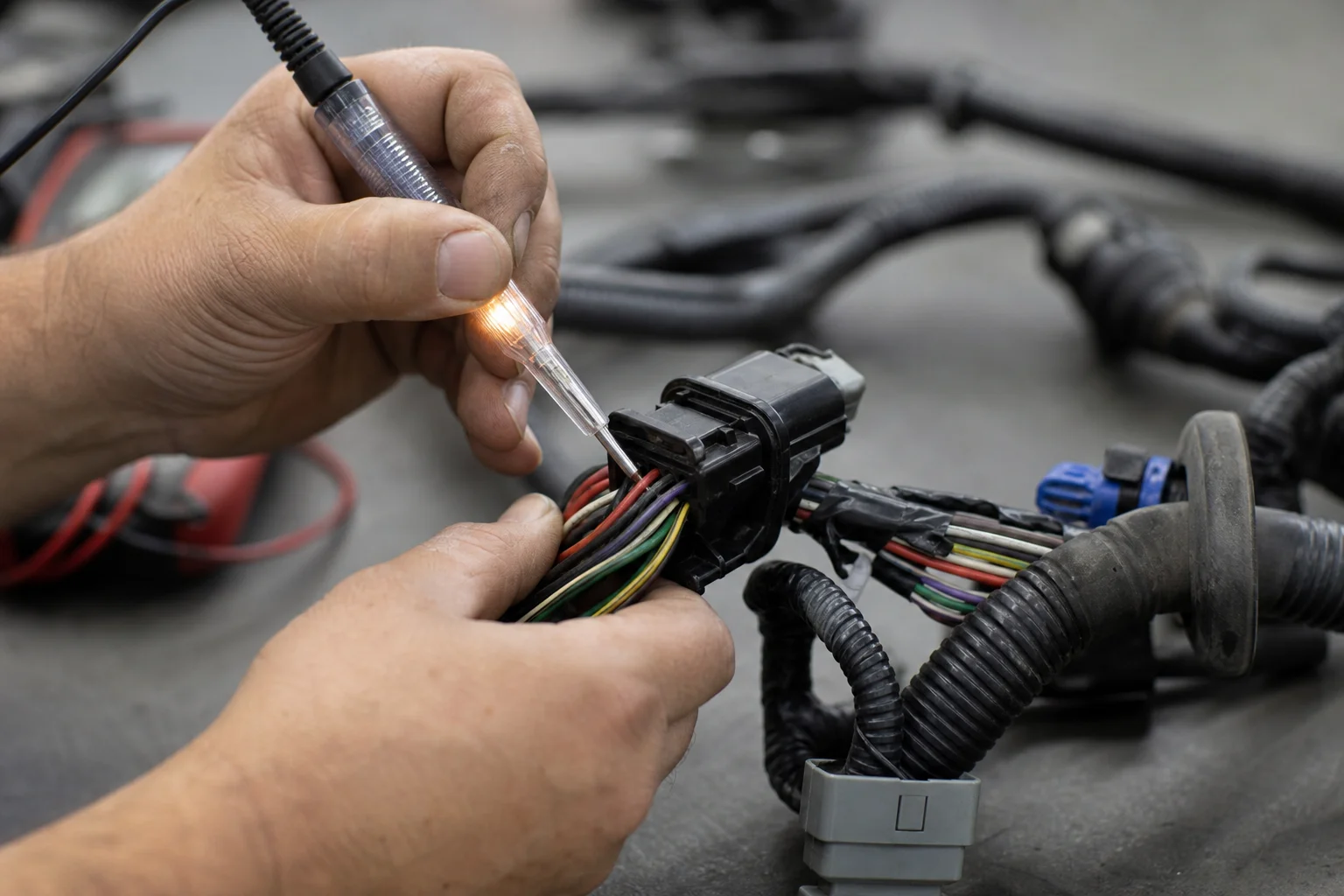 技師使用試電筆檢測線束連接狀況