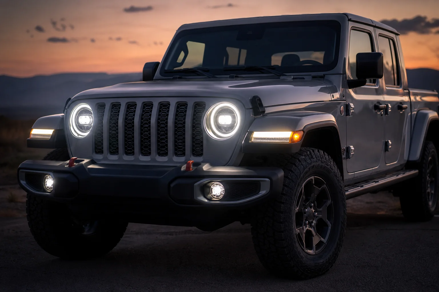 黃昏時分點亮 LED 頭燈的 Jeep Gladiator 車頭