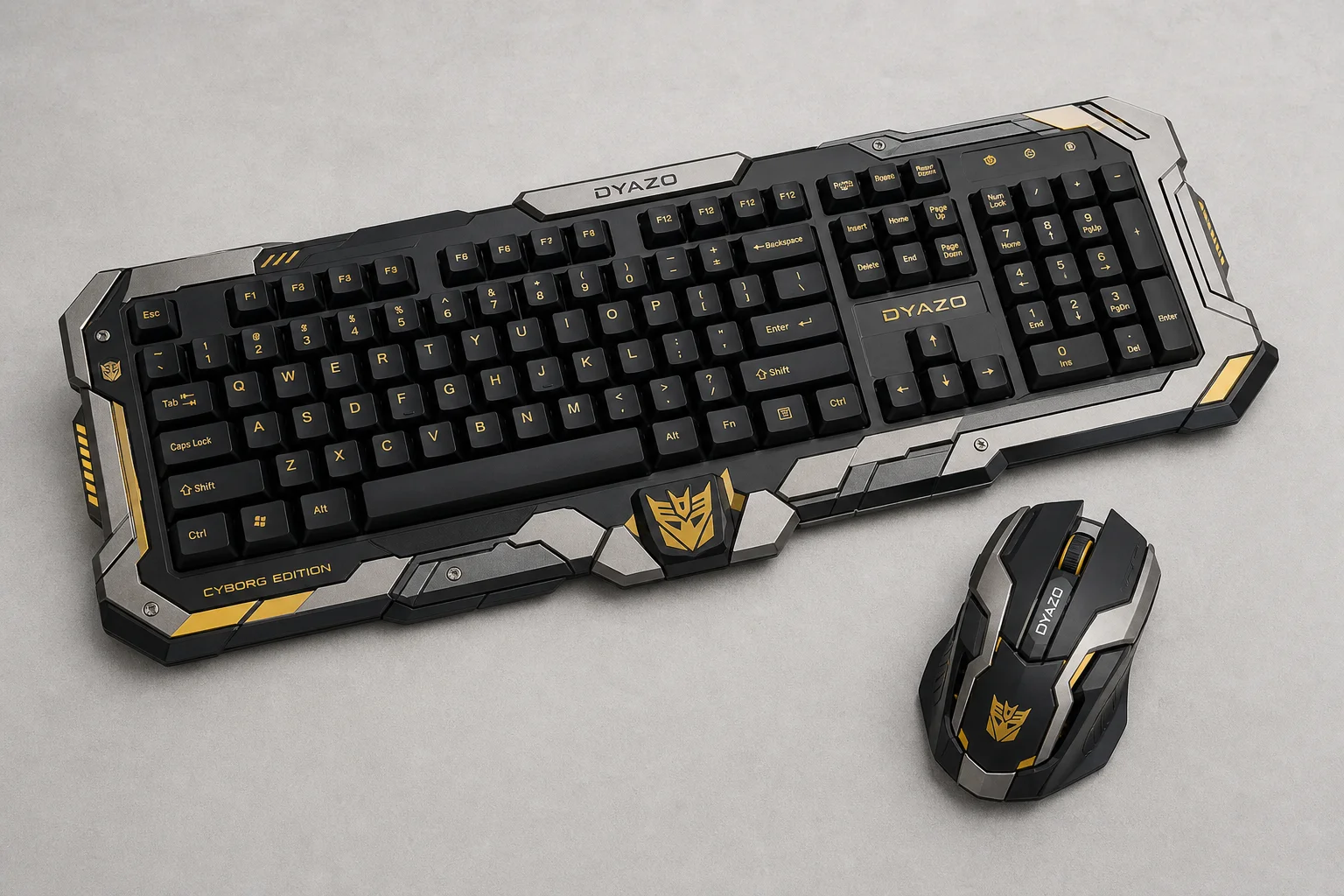 Eight gaming keyboard-mouse combos displayed on concrete surface showing various designs and colors