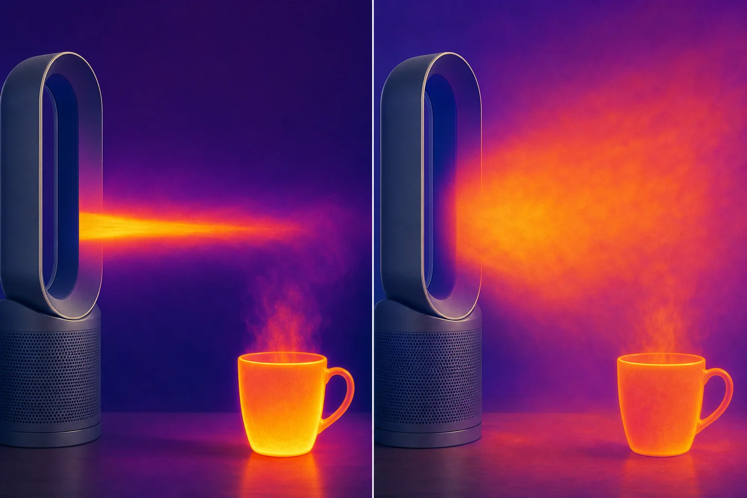 Thermal imaging comparison of Dyson fan cooling effect on hot water cup