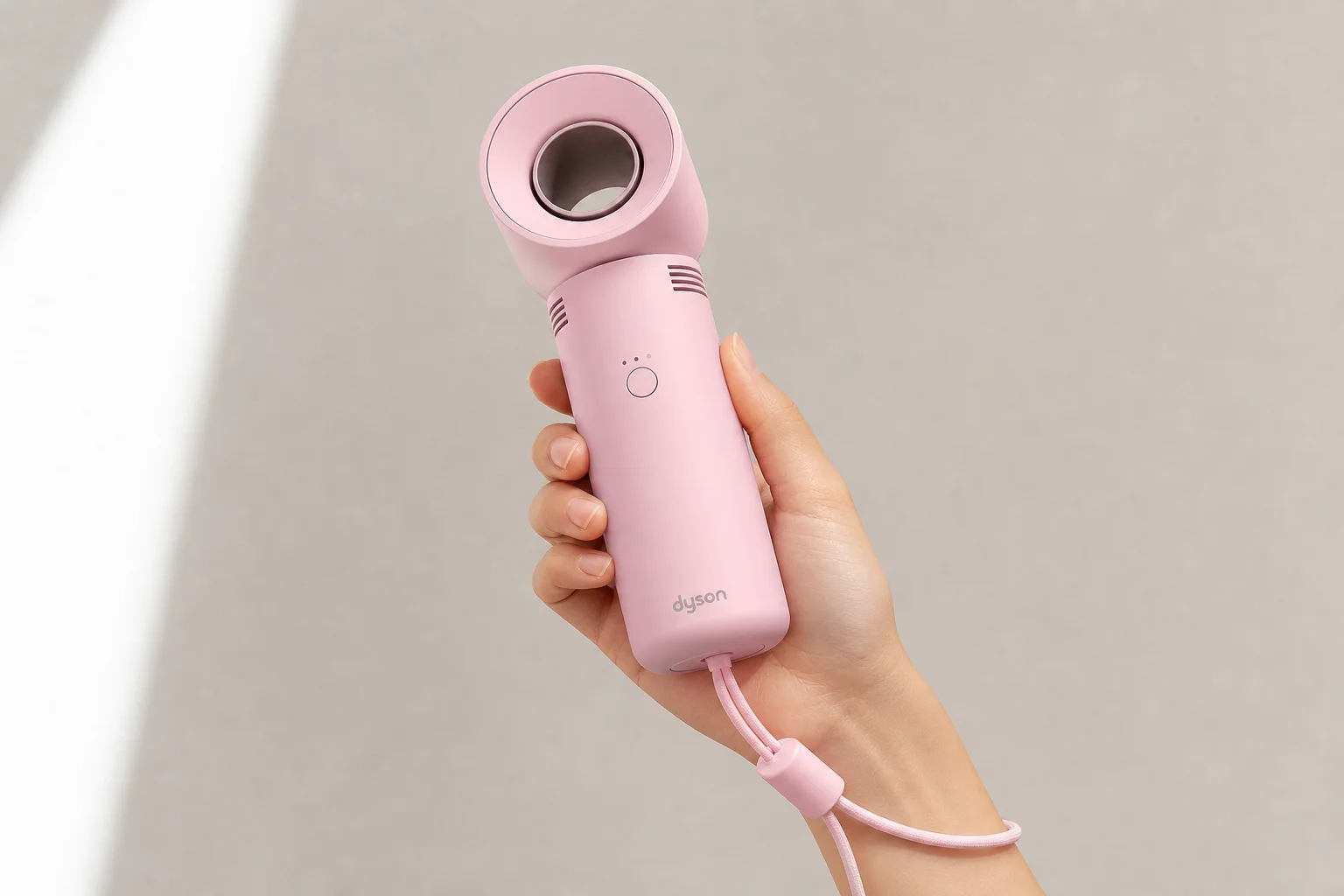 Hand holding pink HushJet Mini Cool fan with lanyard and adjustable nozzle