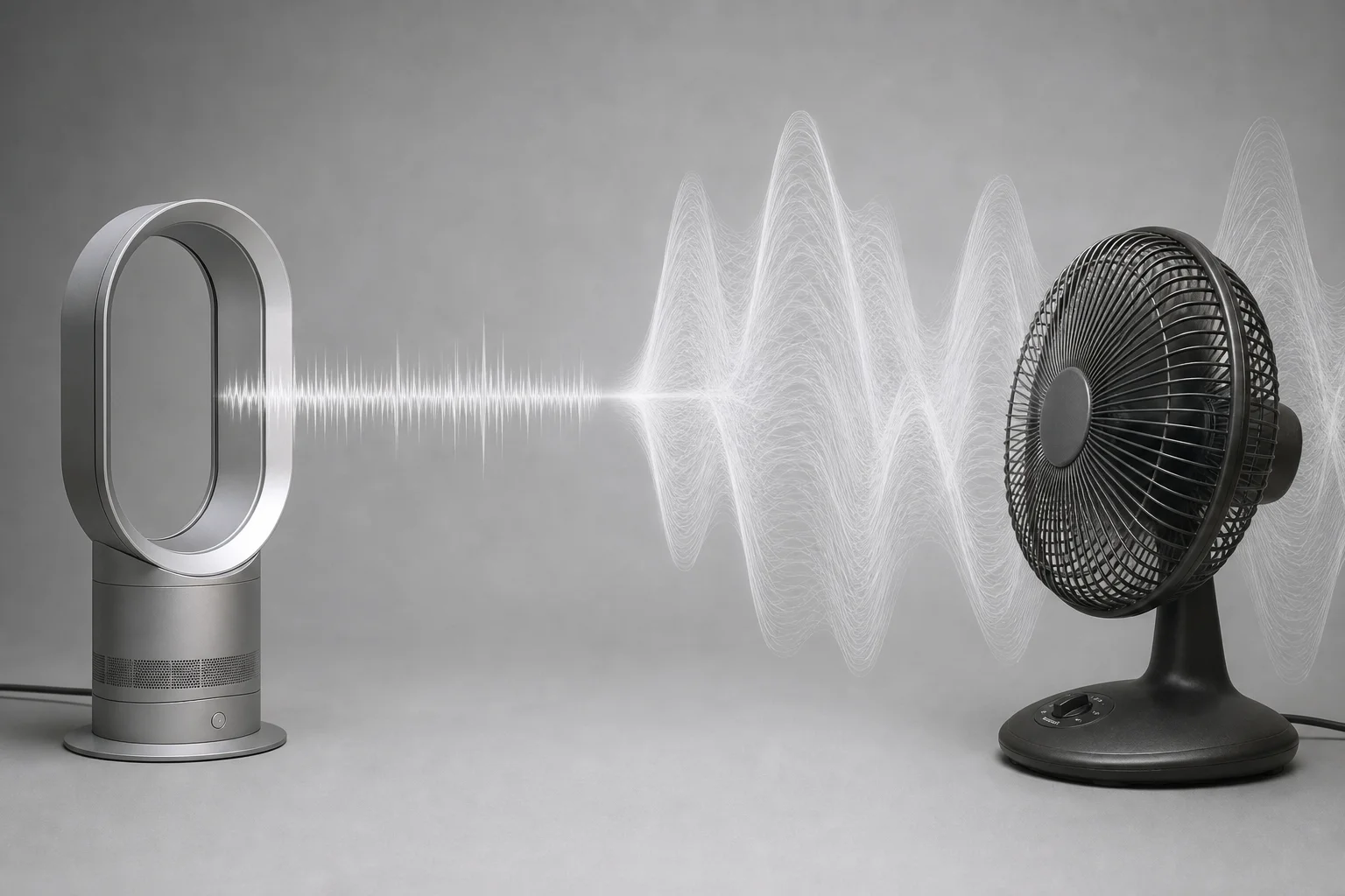 Sound wave visualization comparing Dyson and budget fan acoustic signatures