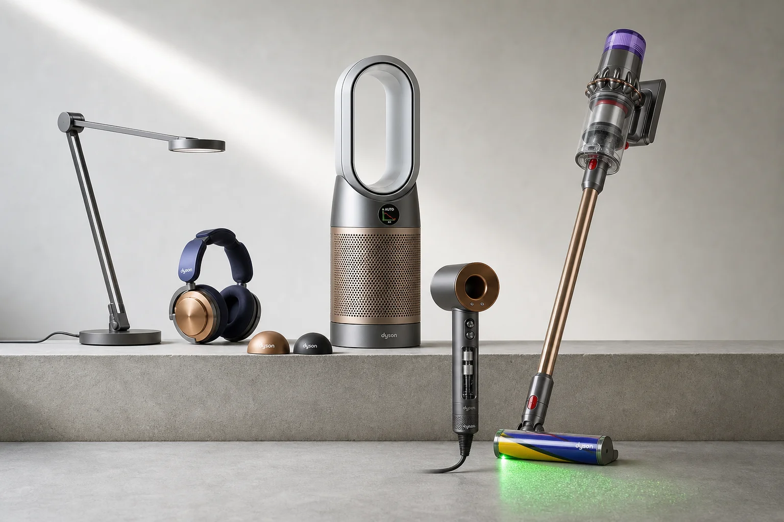 Dyson 產品系列合集，包含吹風機、空氣清淨機、吸塵器、耳機與檯燈，放置於水泥地面上