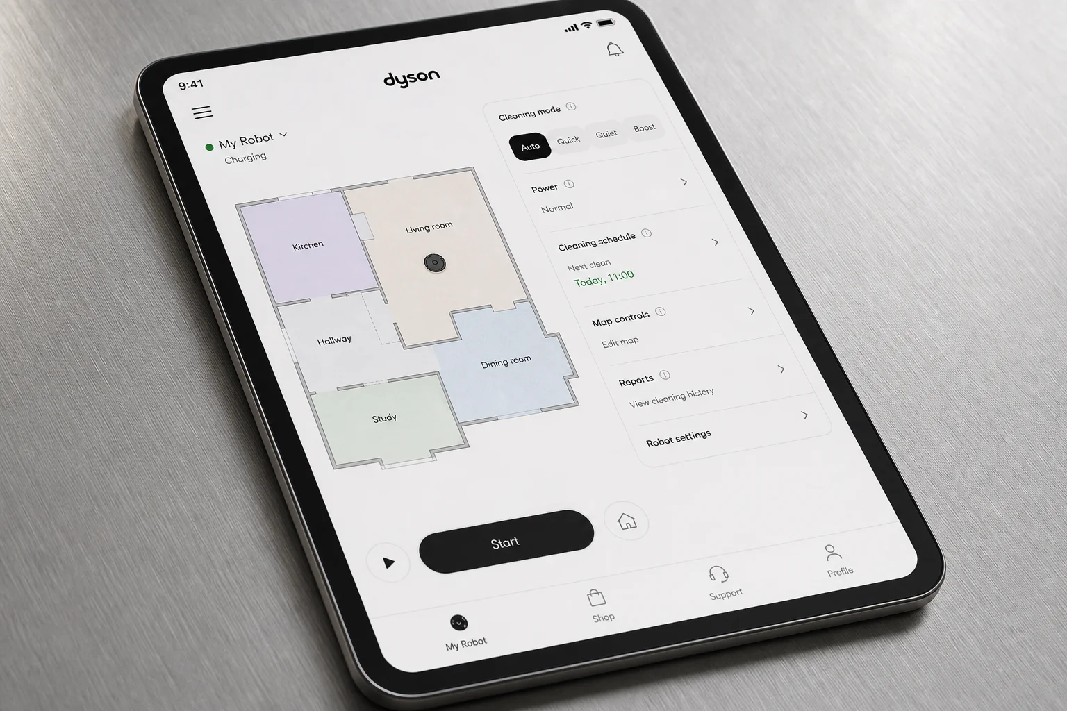 Smartphone displaying Dyson app with home map and cleaning settings