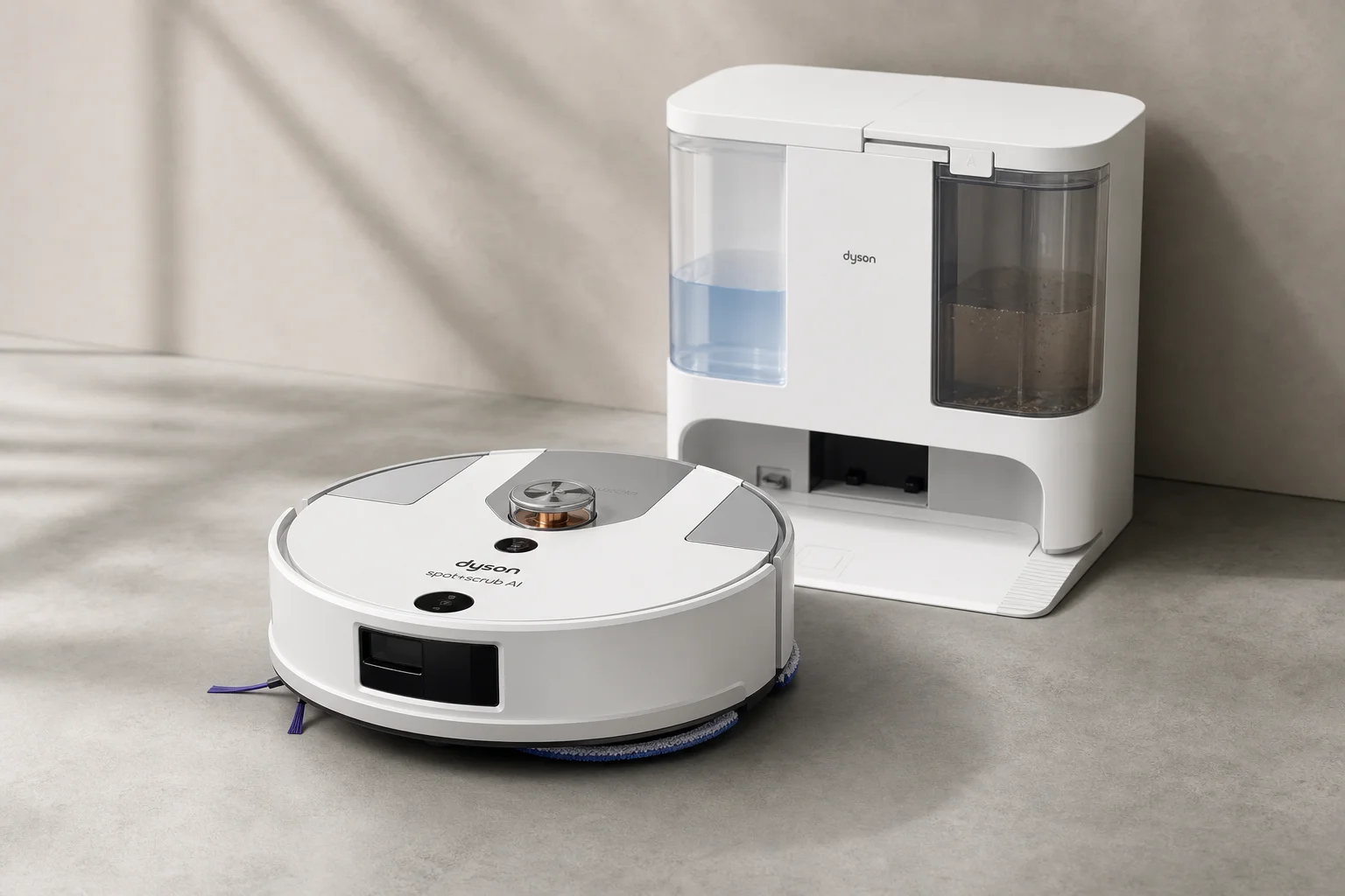 Dyson Spot and Scrub AI robot vacuum and docking station on concrete surface