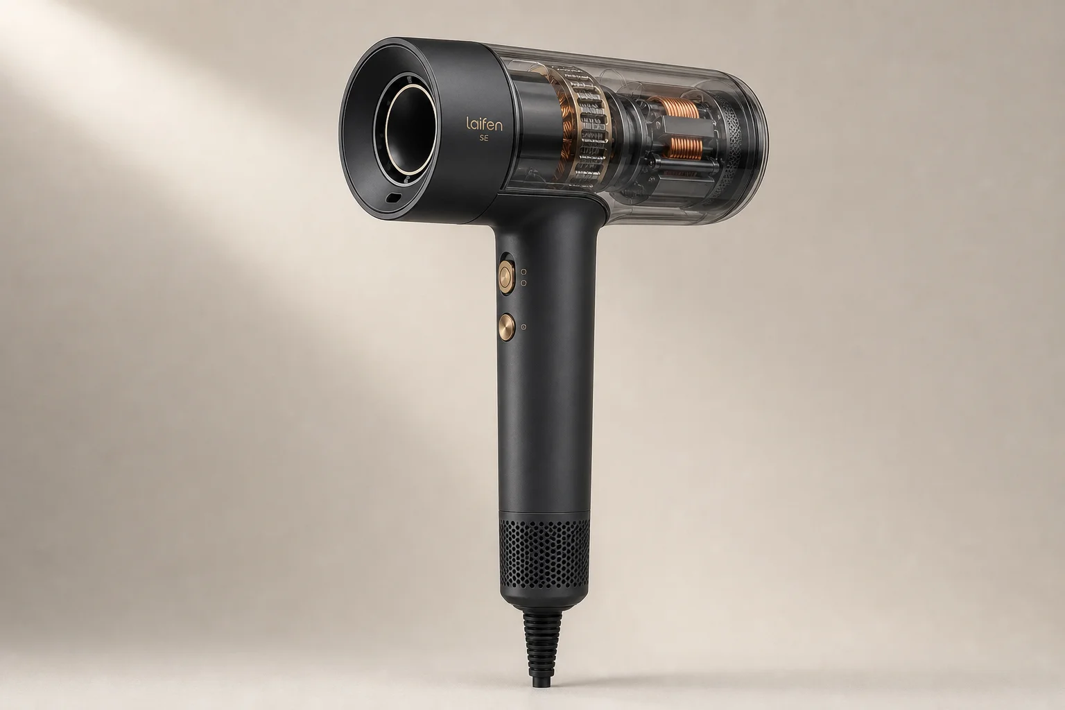 展示 Dyson 系列產品，包含吹風機、空氣清淨機、吸塵器、耳機與檯燈，放置於水泥質感檯面上。