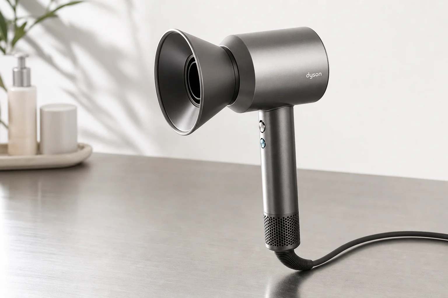 Gama Professional iQ 與 Dyson Supersonic 吹風機並排放在水泥面上